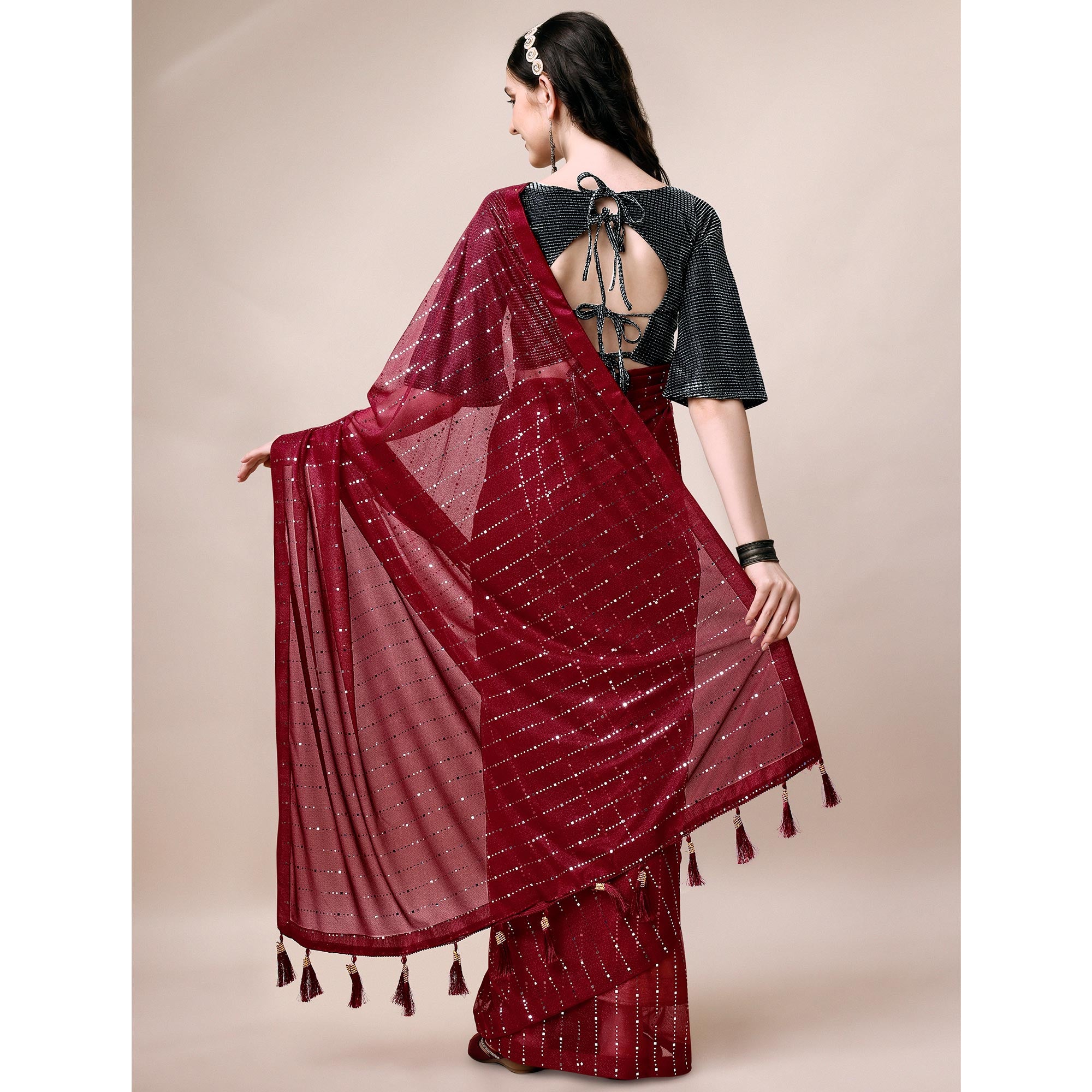 Maroon Striped Foil Printed Rayon Saree
