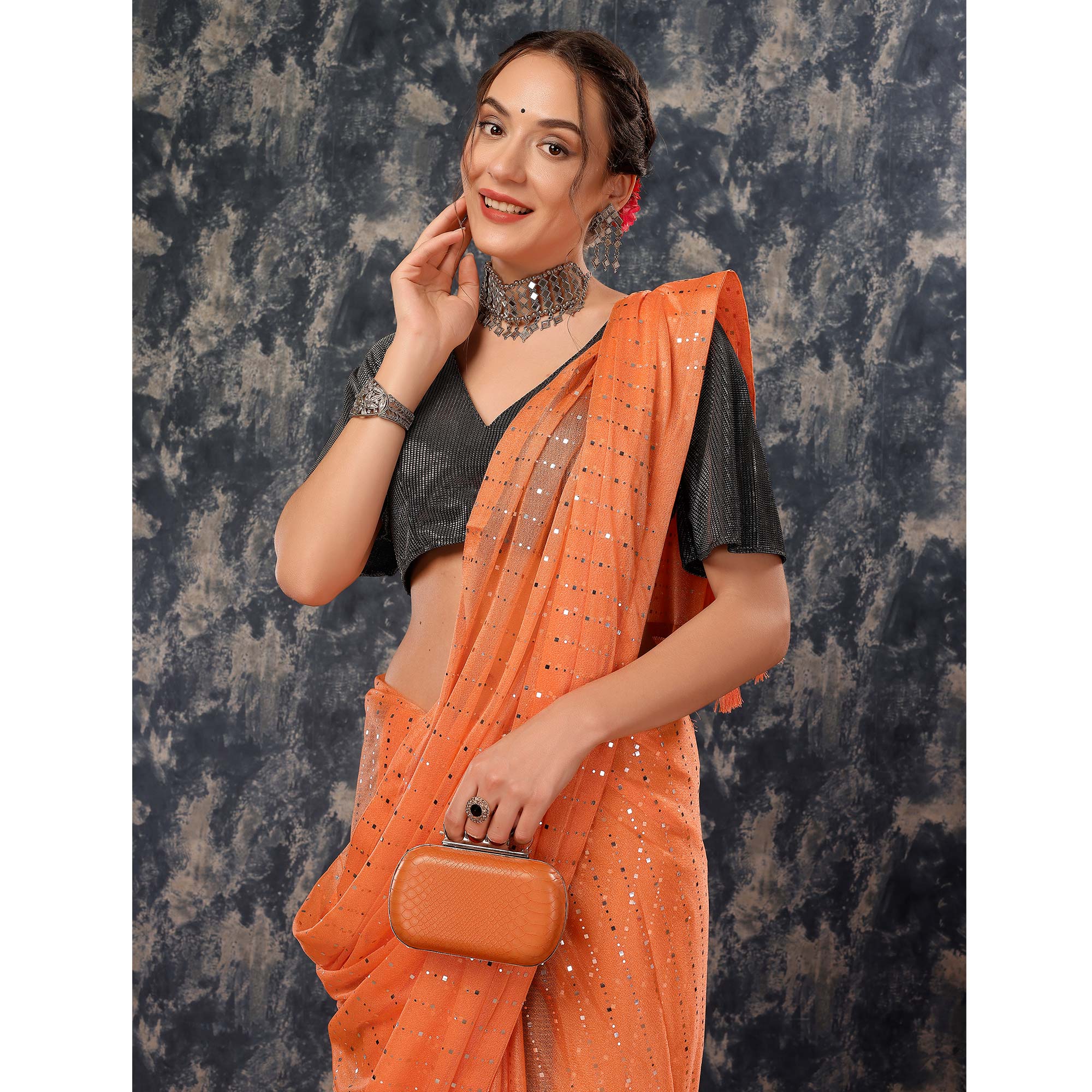 Orange Tikali Work Lycra Saree With Tassels