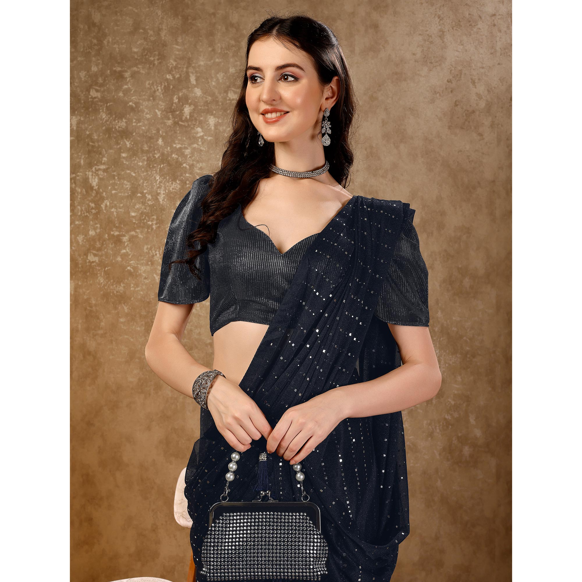 Dark Blue Tikali Work Lycra Saree With Tassels