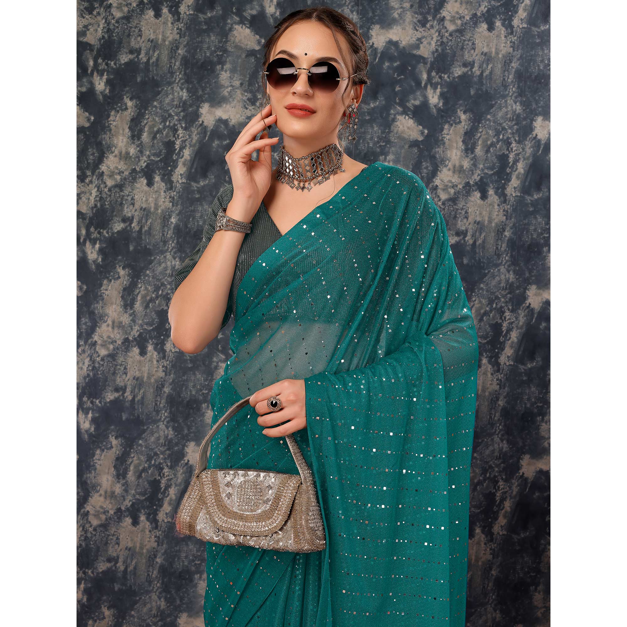 Teal Tikali Work Lycra Saree With Tassels