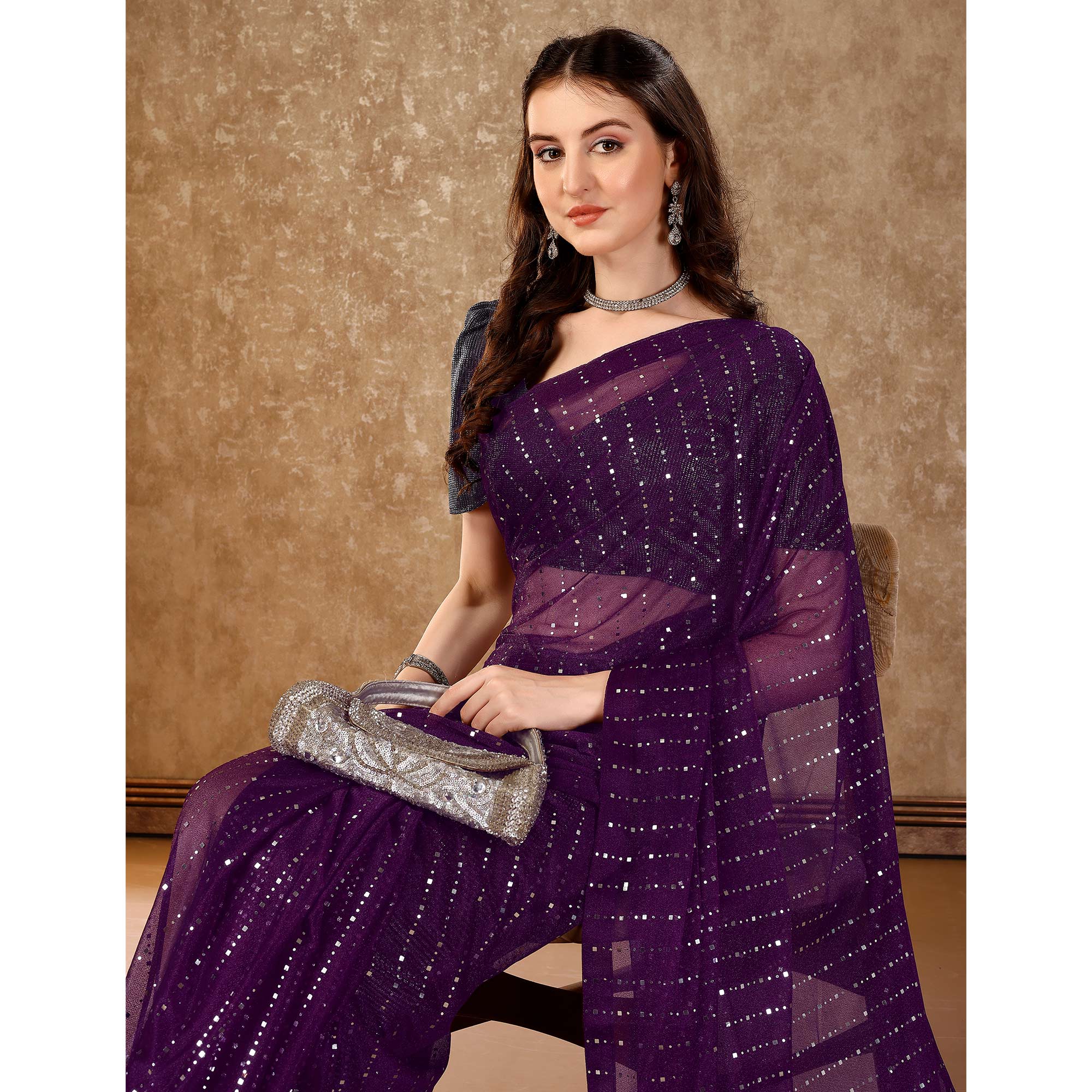 Purple Tikali Work Lycra Saree With Tassels