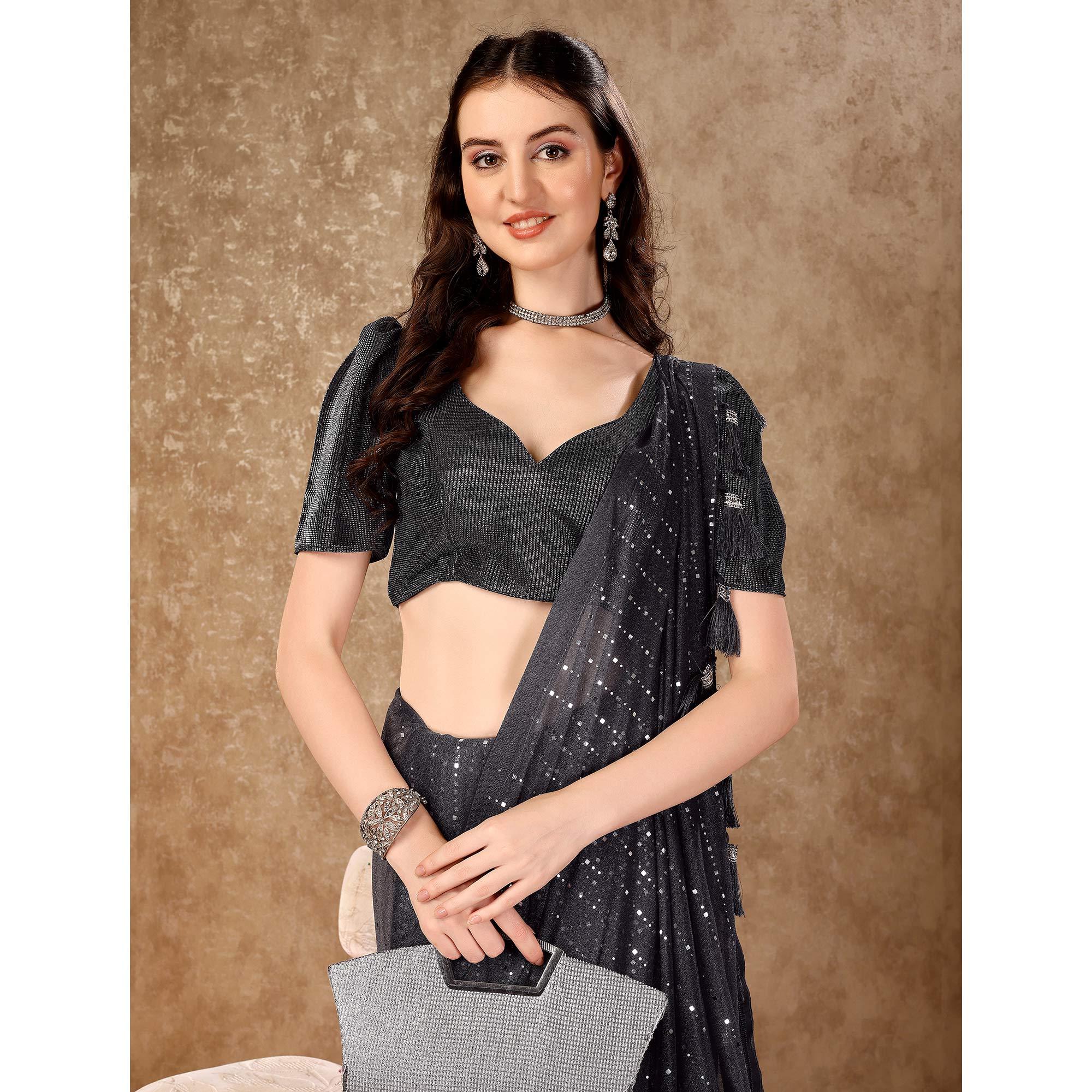 Grey Tikali Work Lycra Saree With Tassels