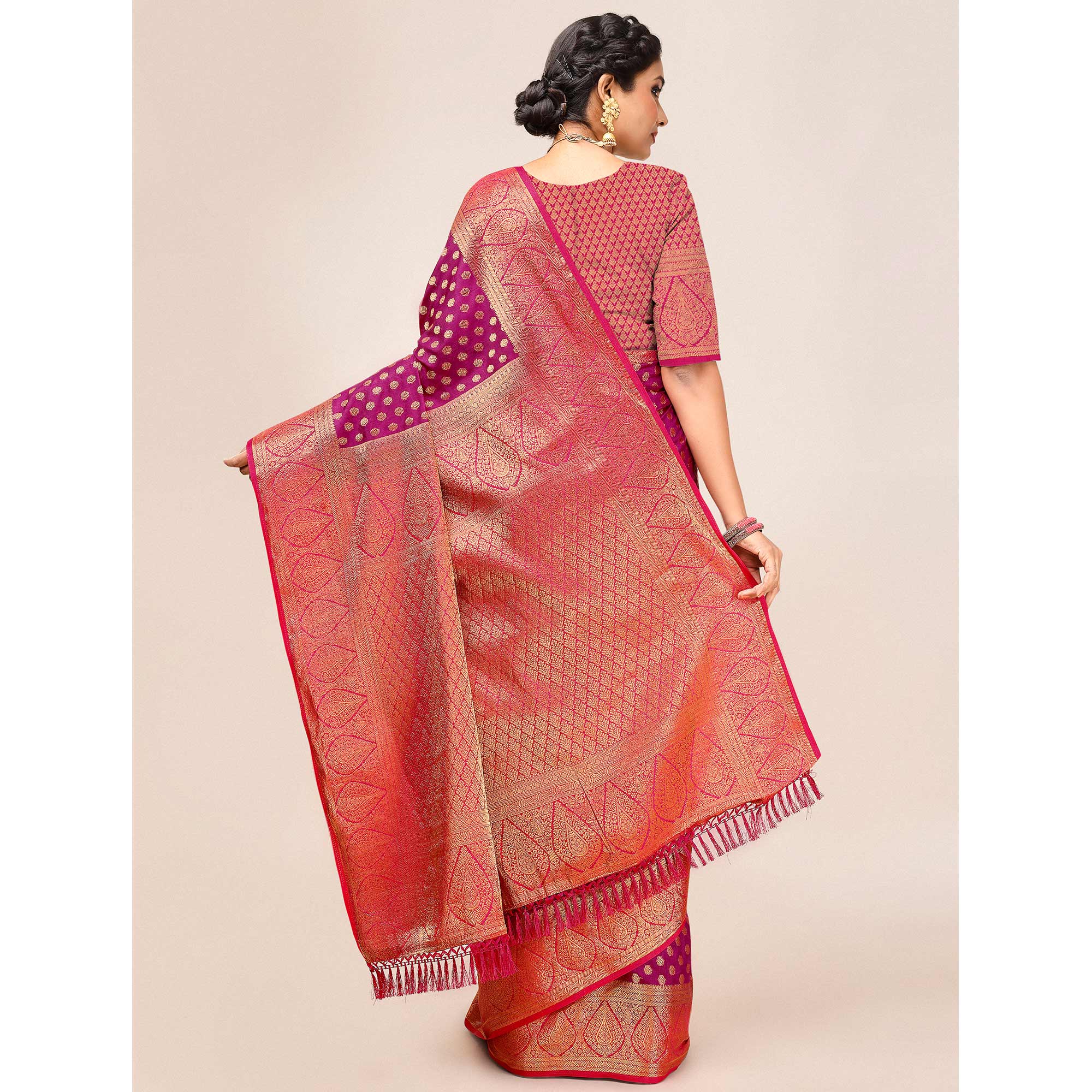 Purple Woven Dola Silk Saree With Tassels