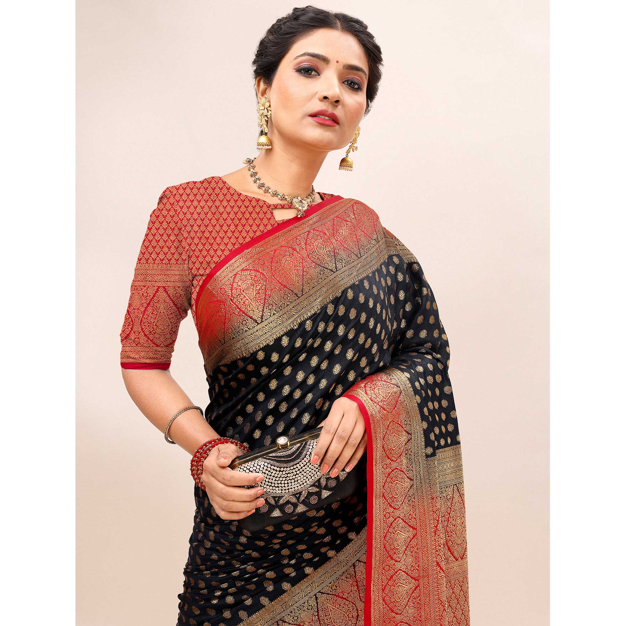 Black Woven Dola Silk Saree With Tassels