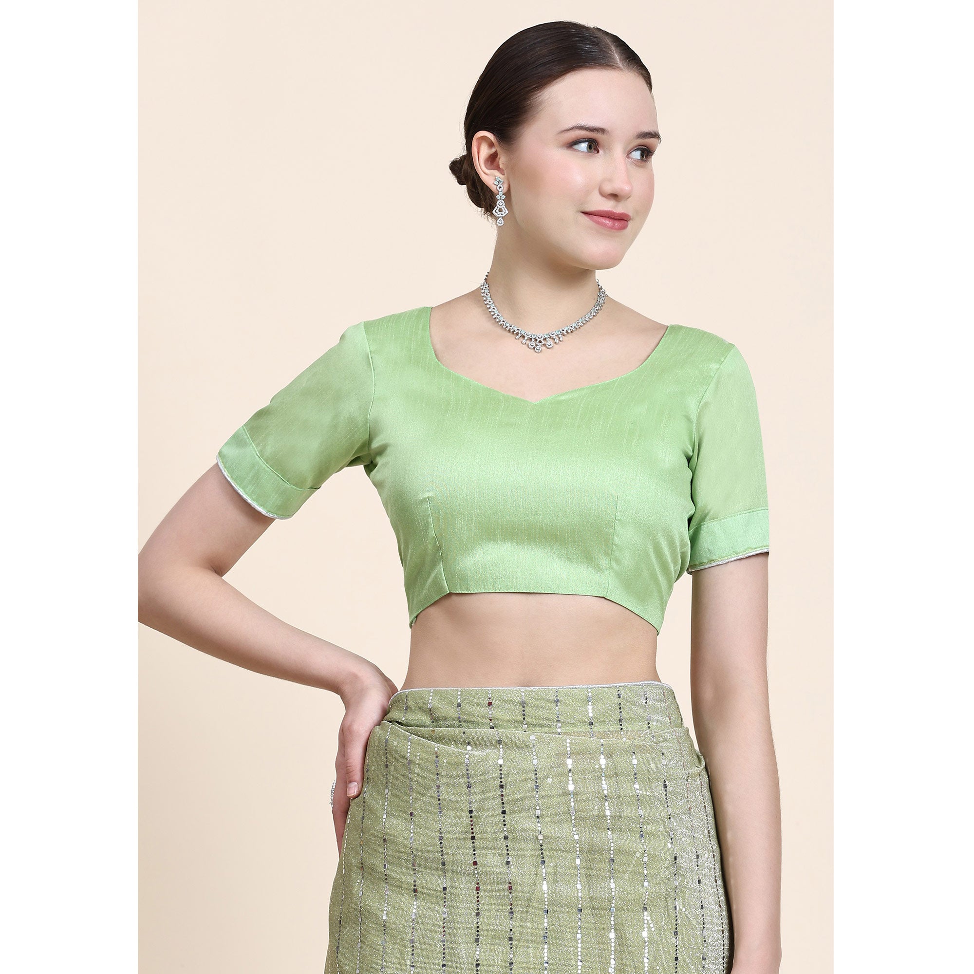 Pista Green Tikali Work Lycra Saree