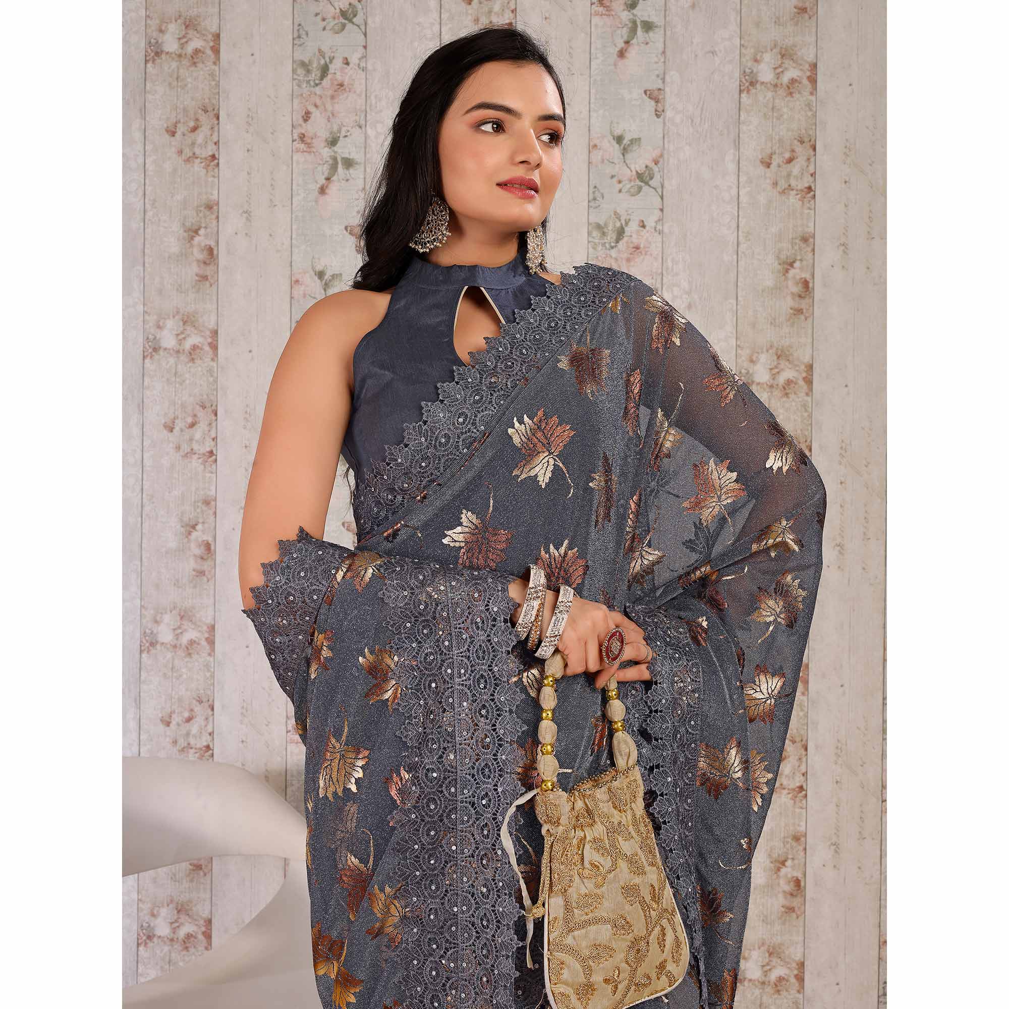 Grey Foil Printed Lycra Saree With Embroidered Lace Border