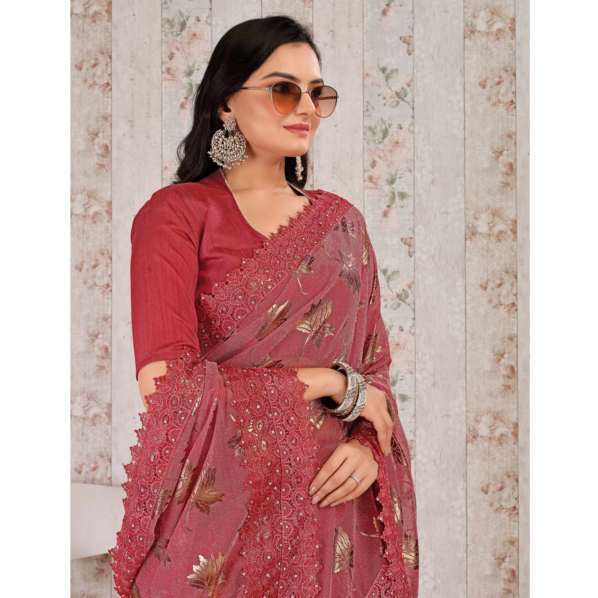 Pink Foil Printed Lycra Saree With Embroidered Lace Border