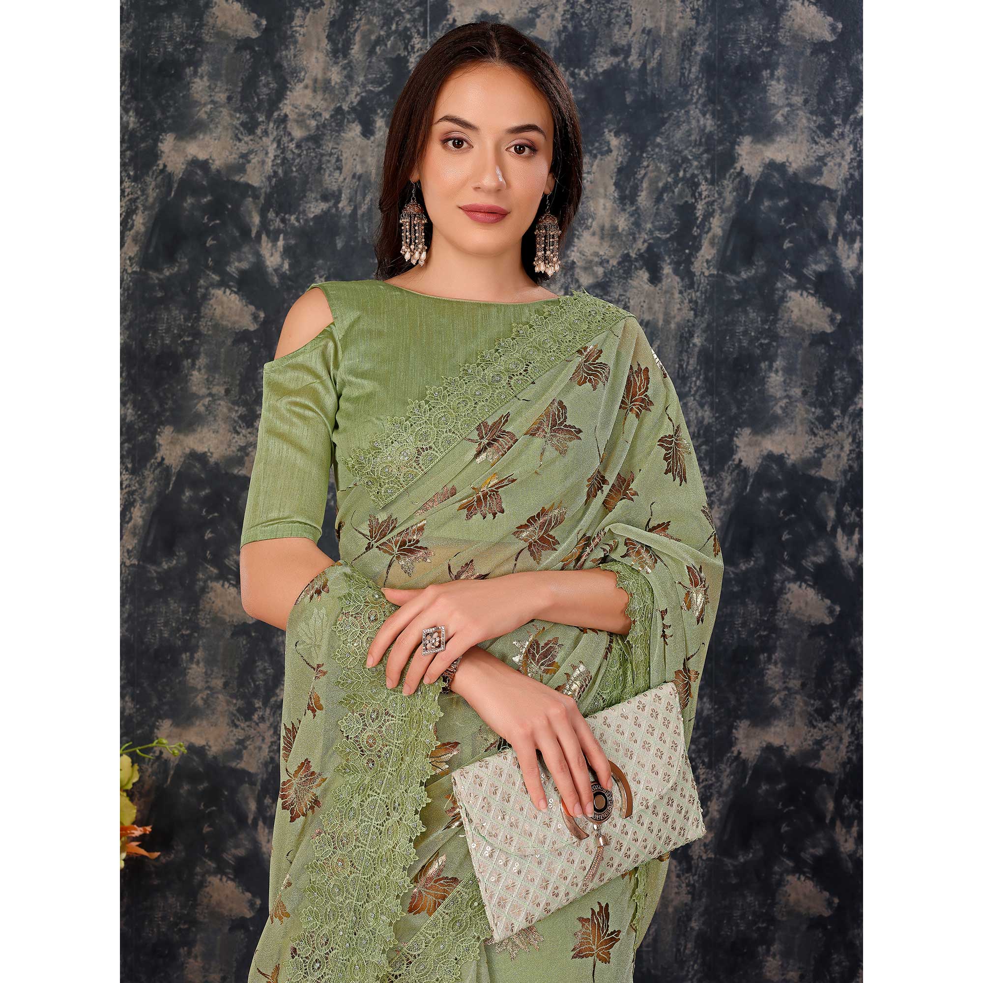 Green Foil Printed Lycra Saree With Embroidered Lace Border