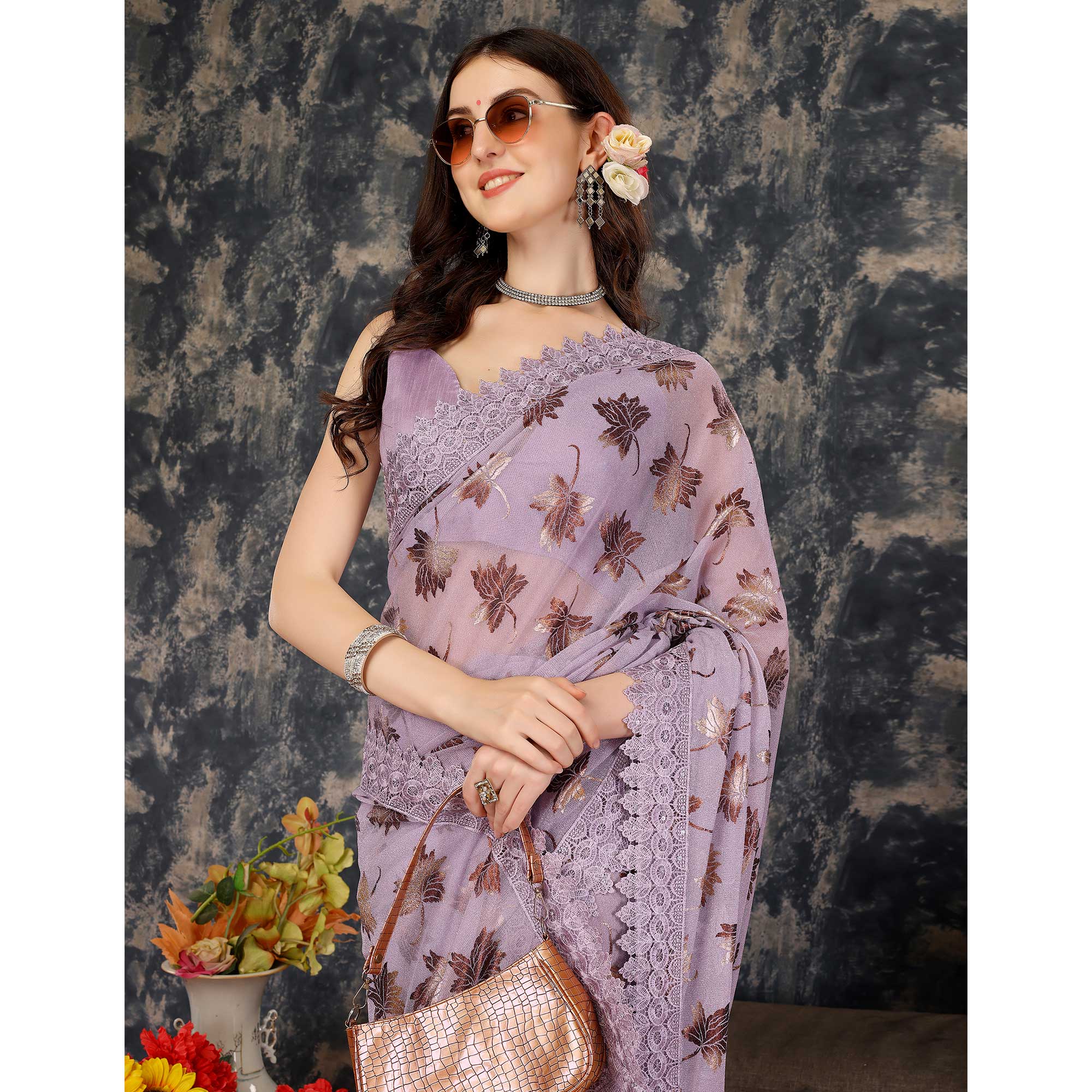 Light Purple Foil Printed Lycra Saree With Embroidered Lace Border