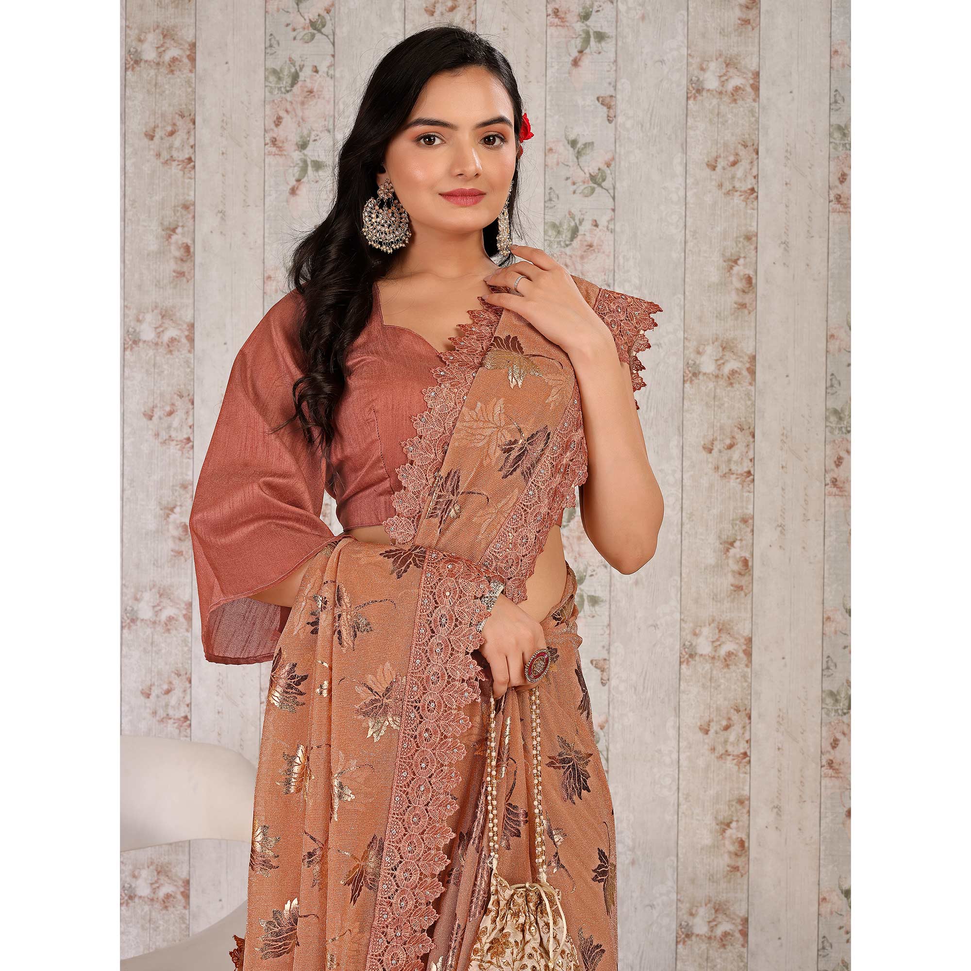 Dusty Peach Foil Printed Lycra Saree With Embroidered Lace Border