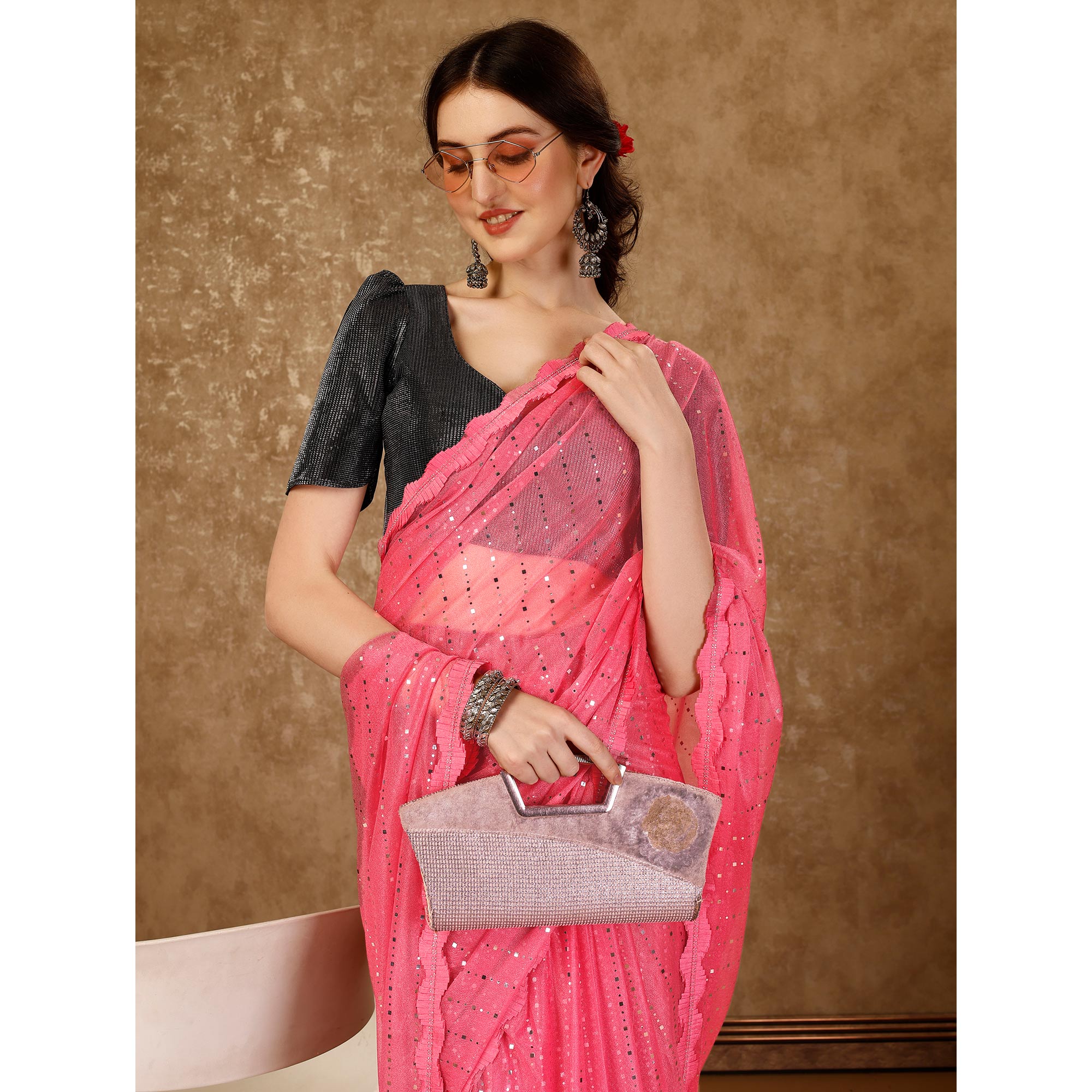 Pink Tikali With Swarovski Work Lycra Ready To Wear Saree