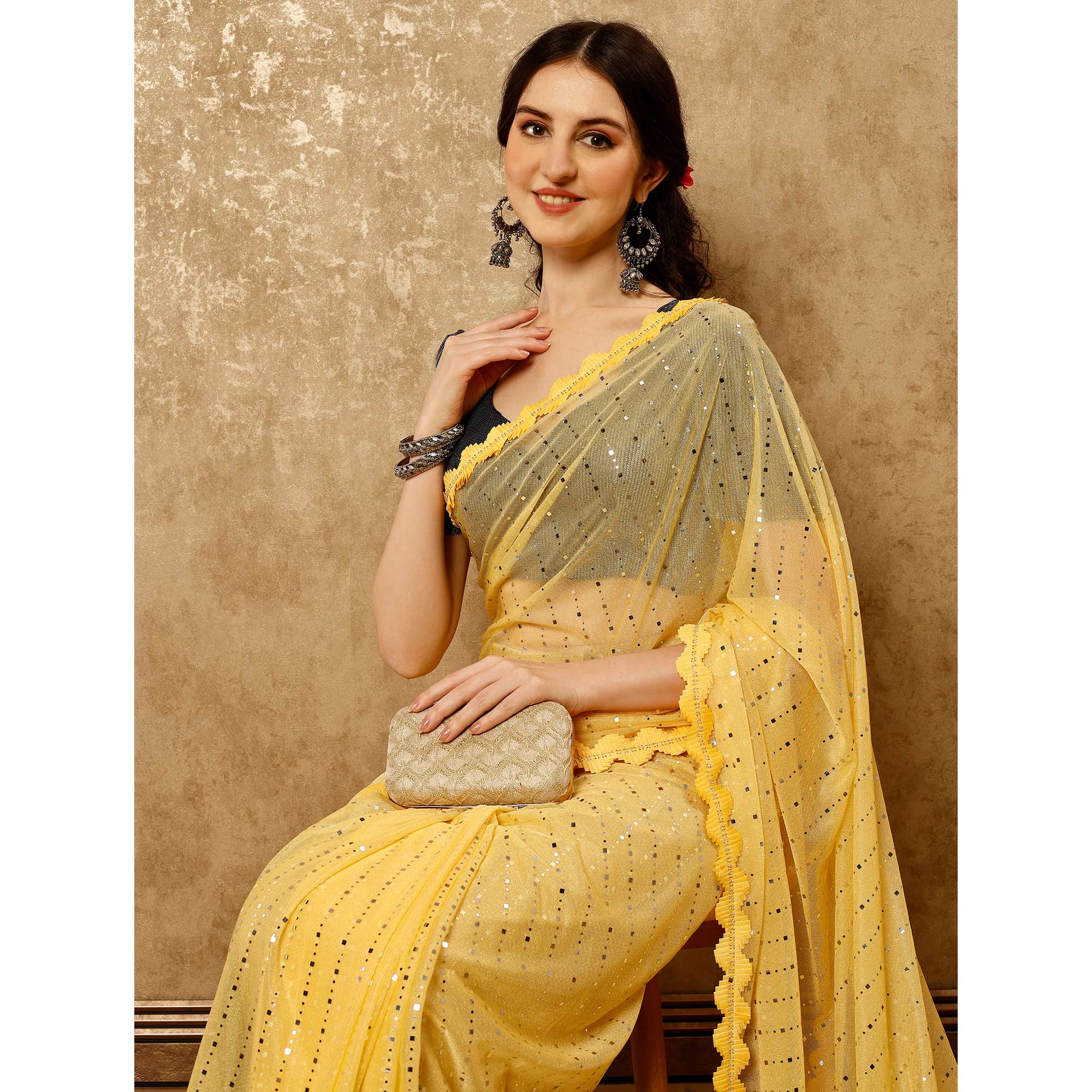 Yellow Tikali With Swarovski Work Lycra Ready To Wear Saree