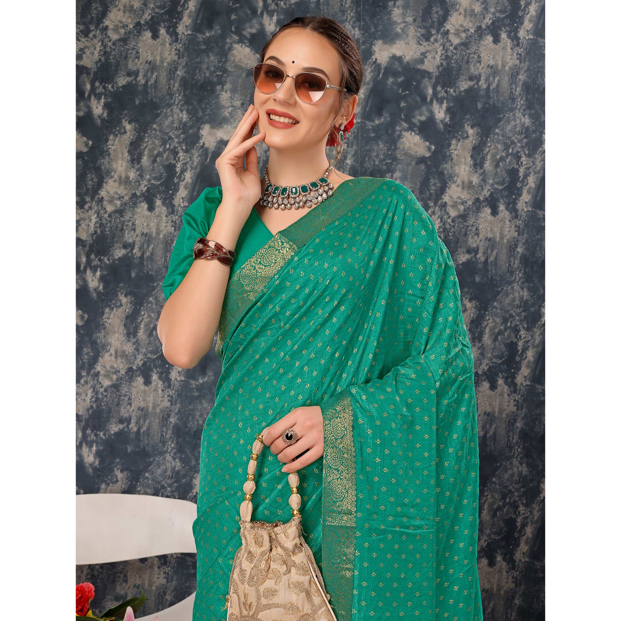 Rama Green Floral Foil Printed Vichitra Silk Saree With Lace Border
