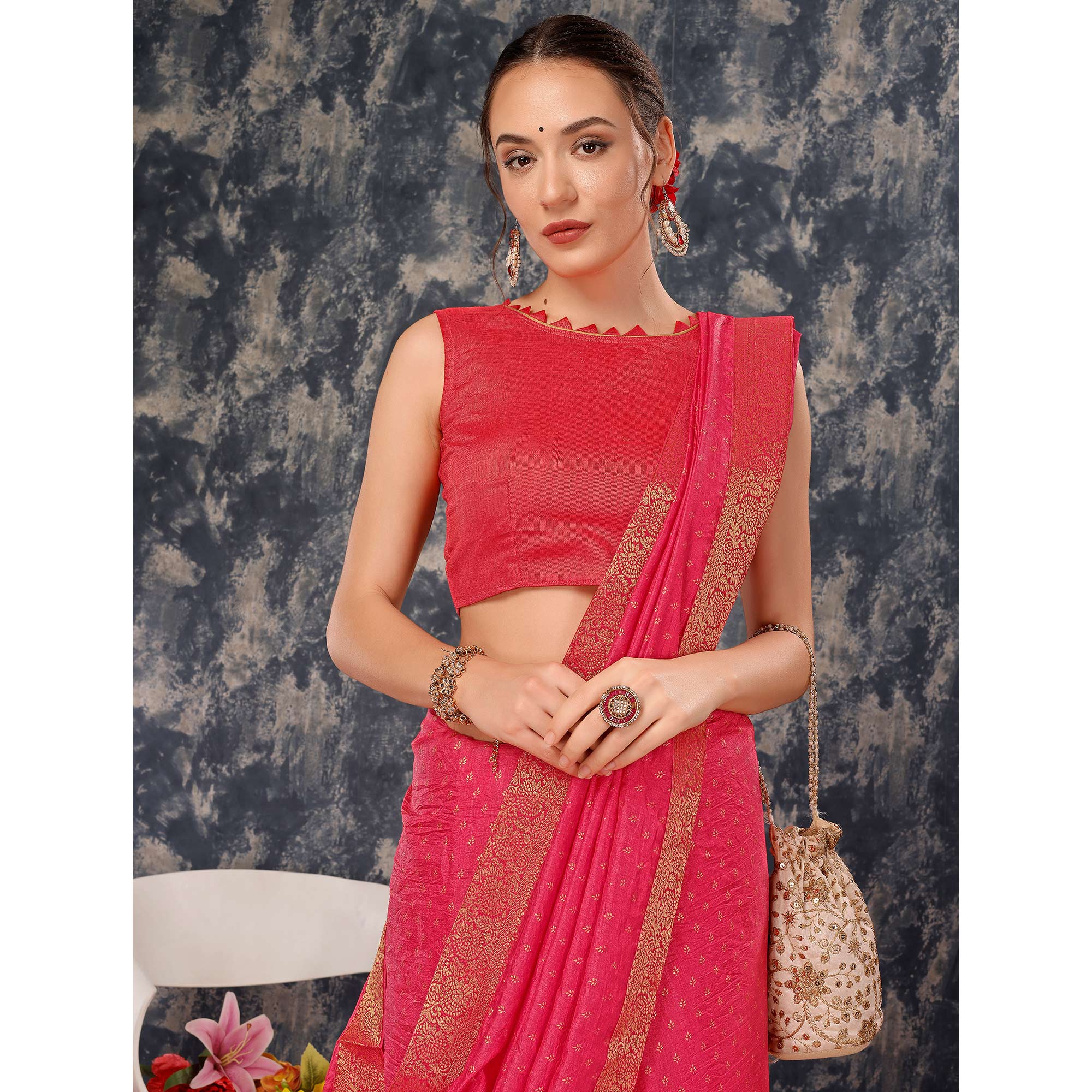 Pink Floral Foil Printed Vichitra Silk Saree With Lace Border
