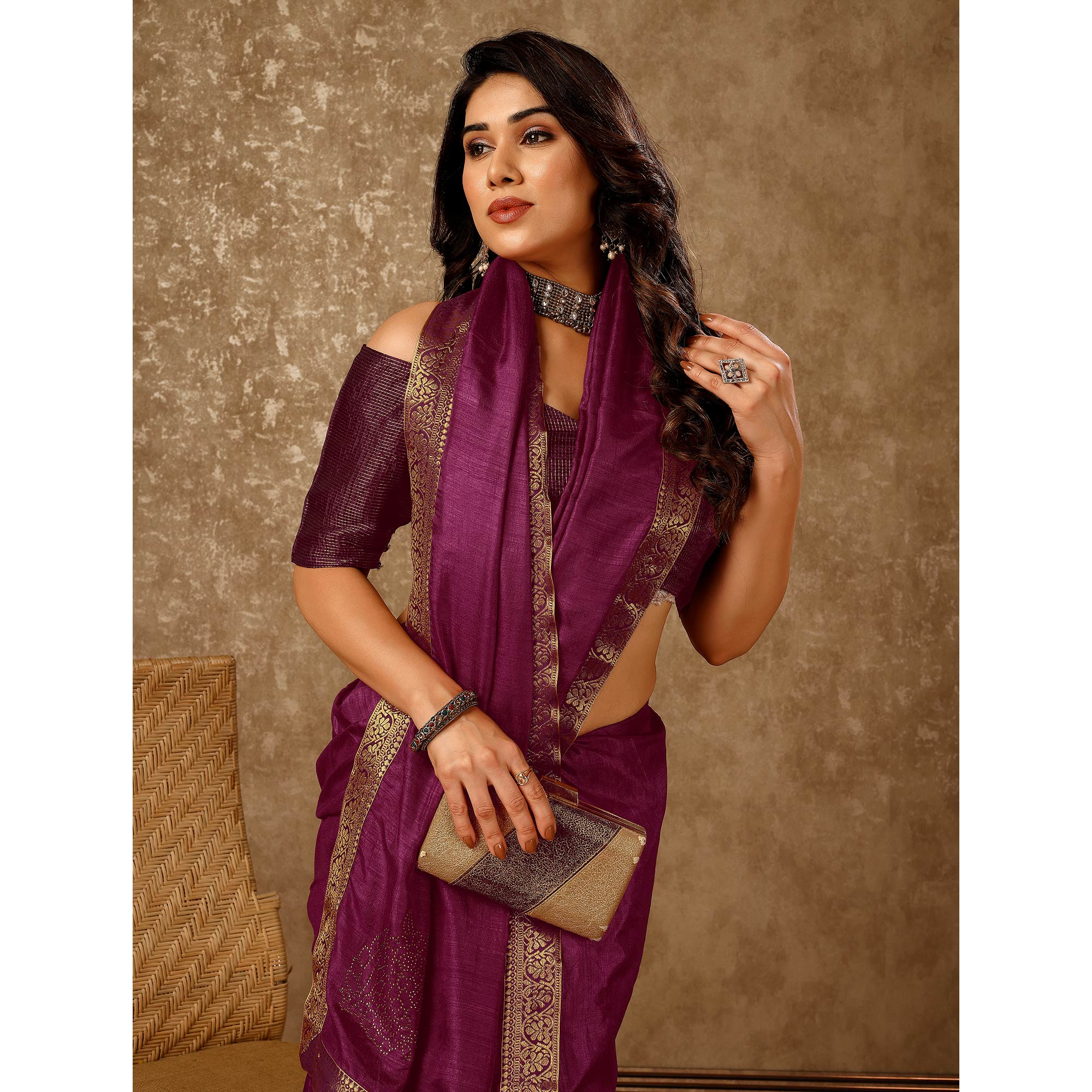 Purple Floral Swarovski Work Vichitra Silk Saree With Lace Border