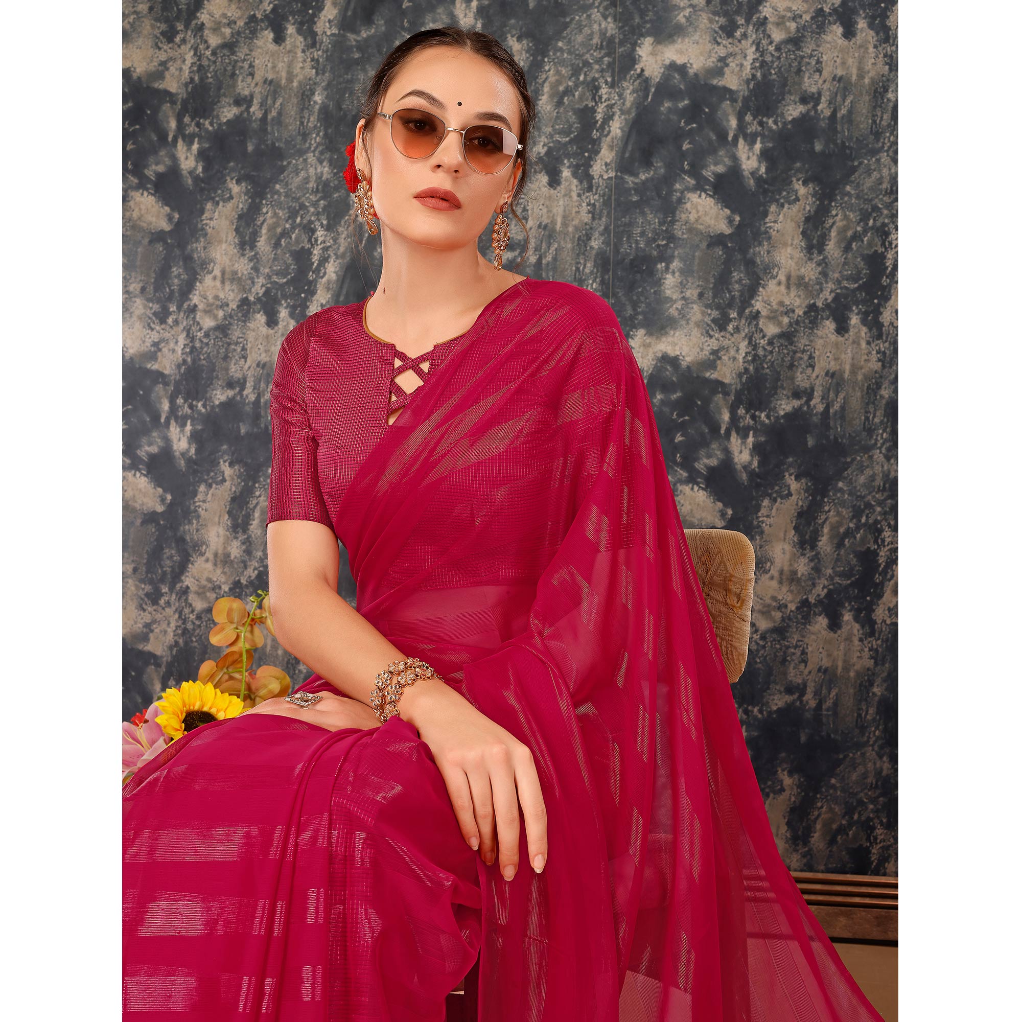 Rani Pink Swarovski Work Chiffon Saree With Tassels