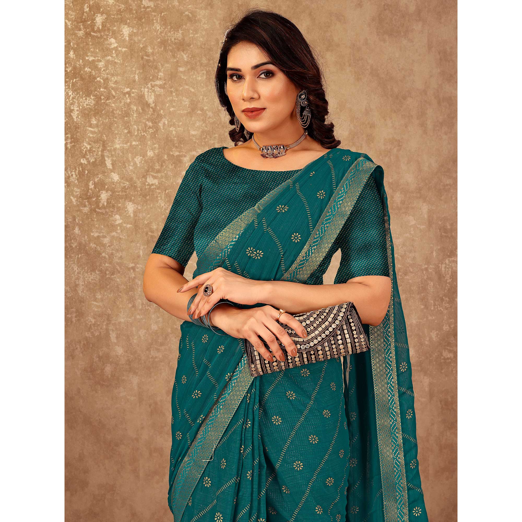 Teal Floral Foil Printed Chiffon Saree With Lace Border