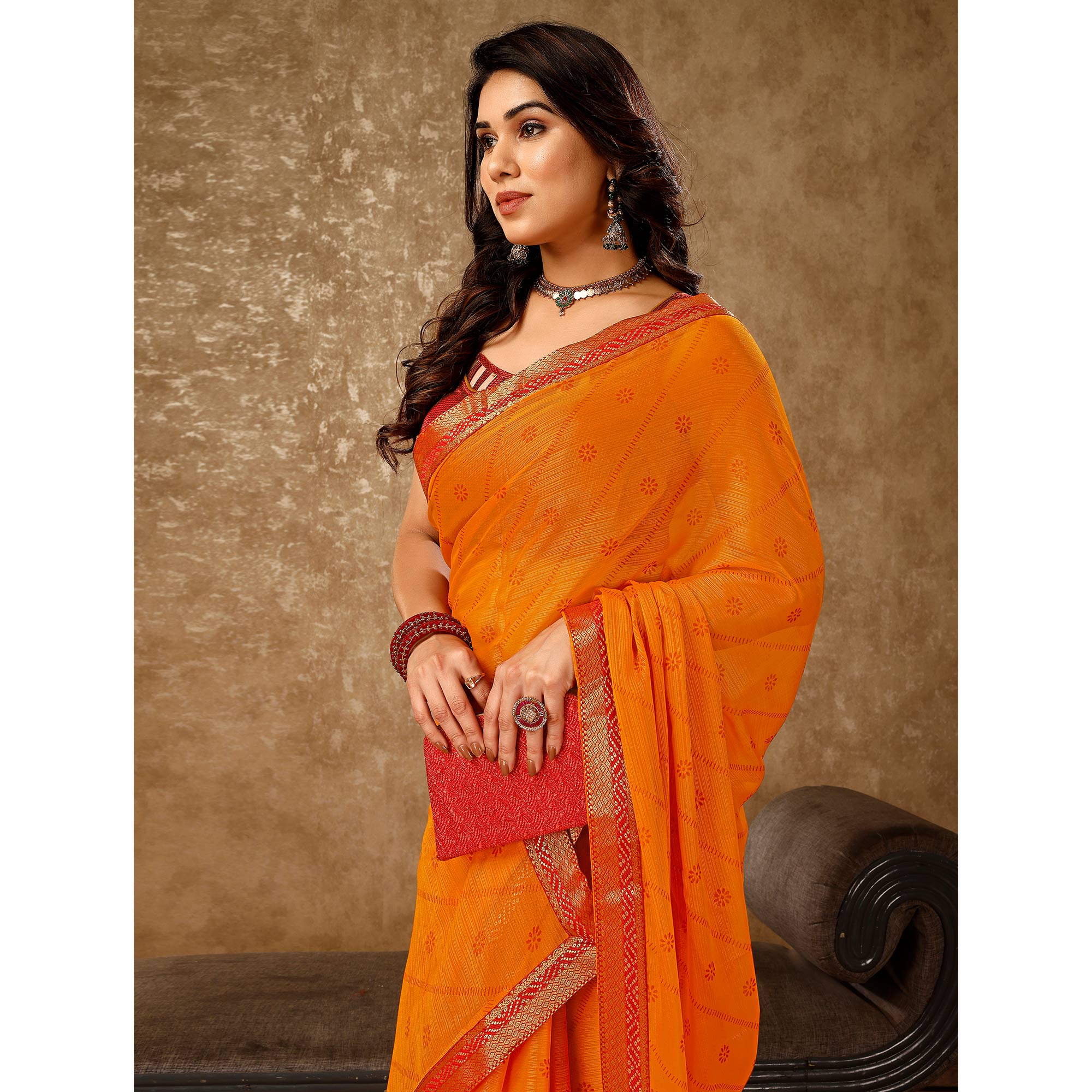 Orange Floral Foil Printed Chiffon Saree With Lace Border