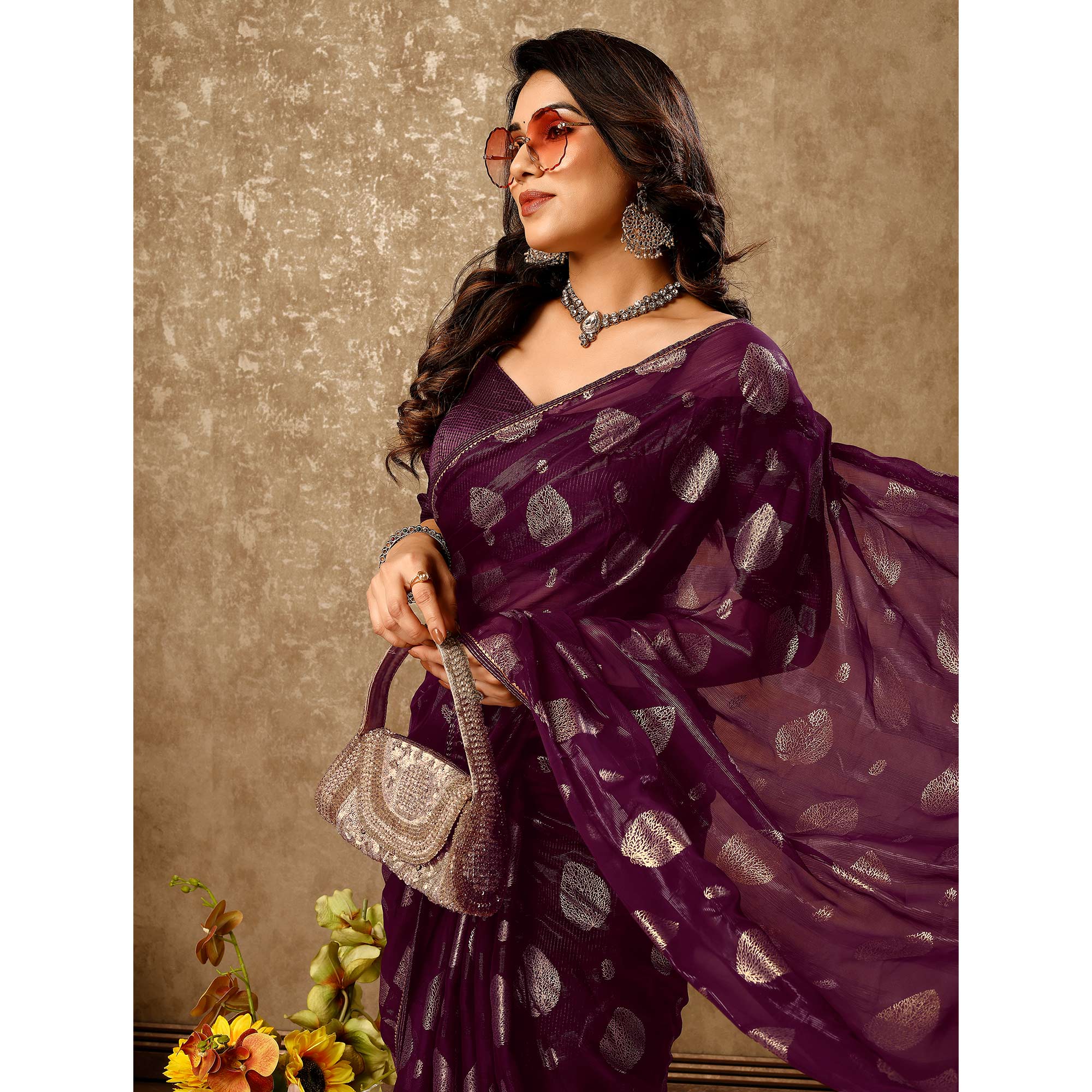 Purple Foil Printed Chiffon Saree With Gota Patti Lace Border