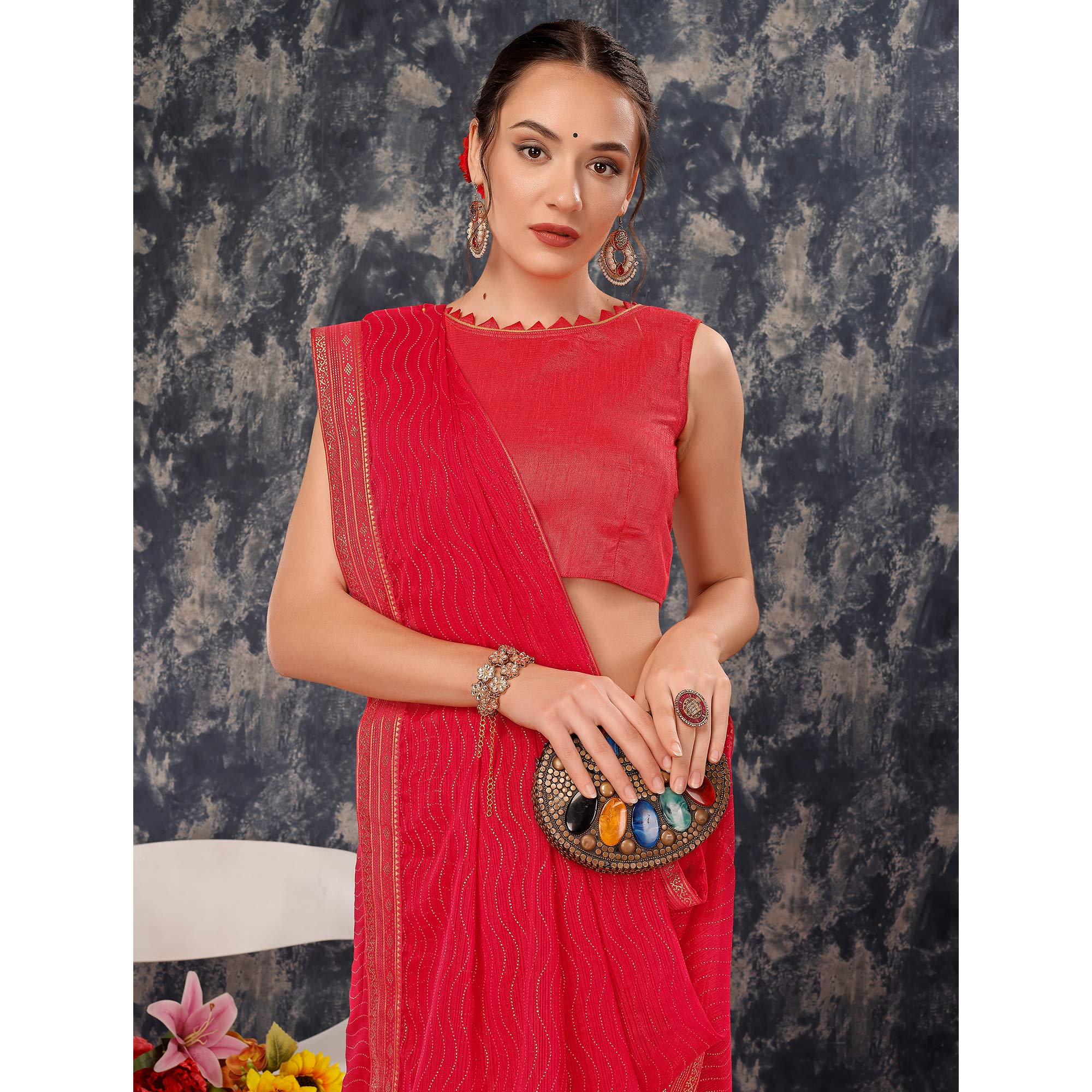 Pink Zari Embroidery Chiffon Saree With Lace Border