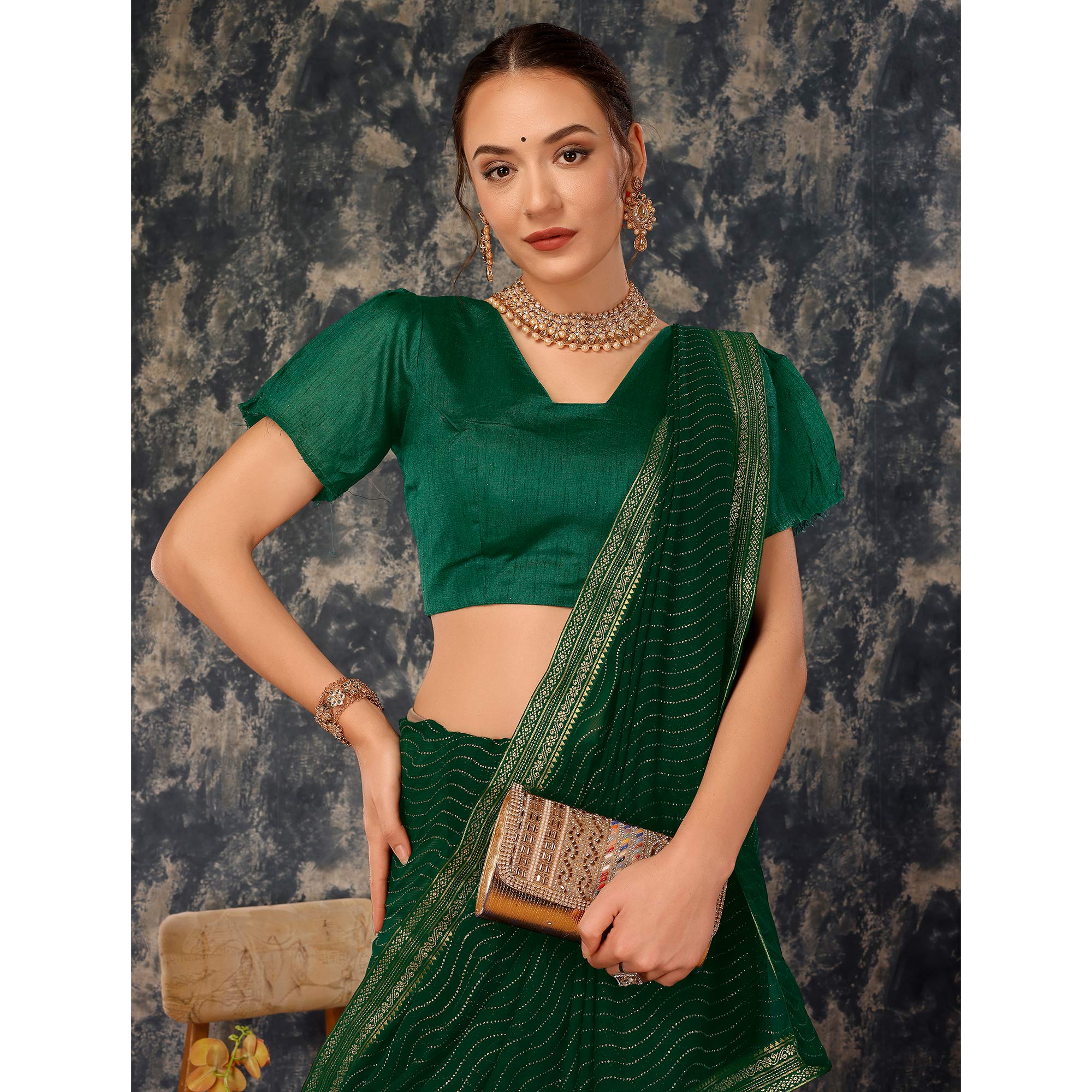 Green Zari Embroidery Chiffon Saree With Lace Border