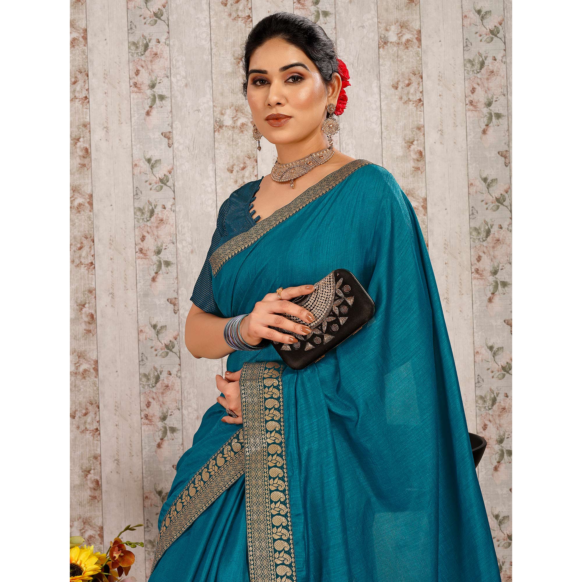 Teal Blue Solid Saree Vichitra Silk With Zari Lace Border