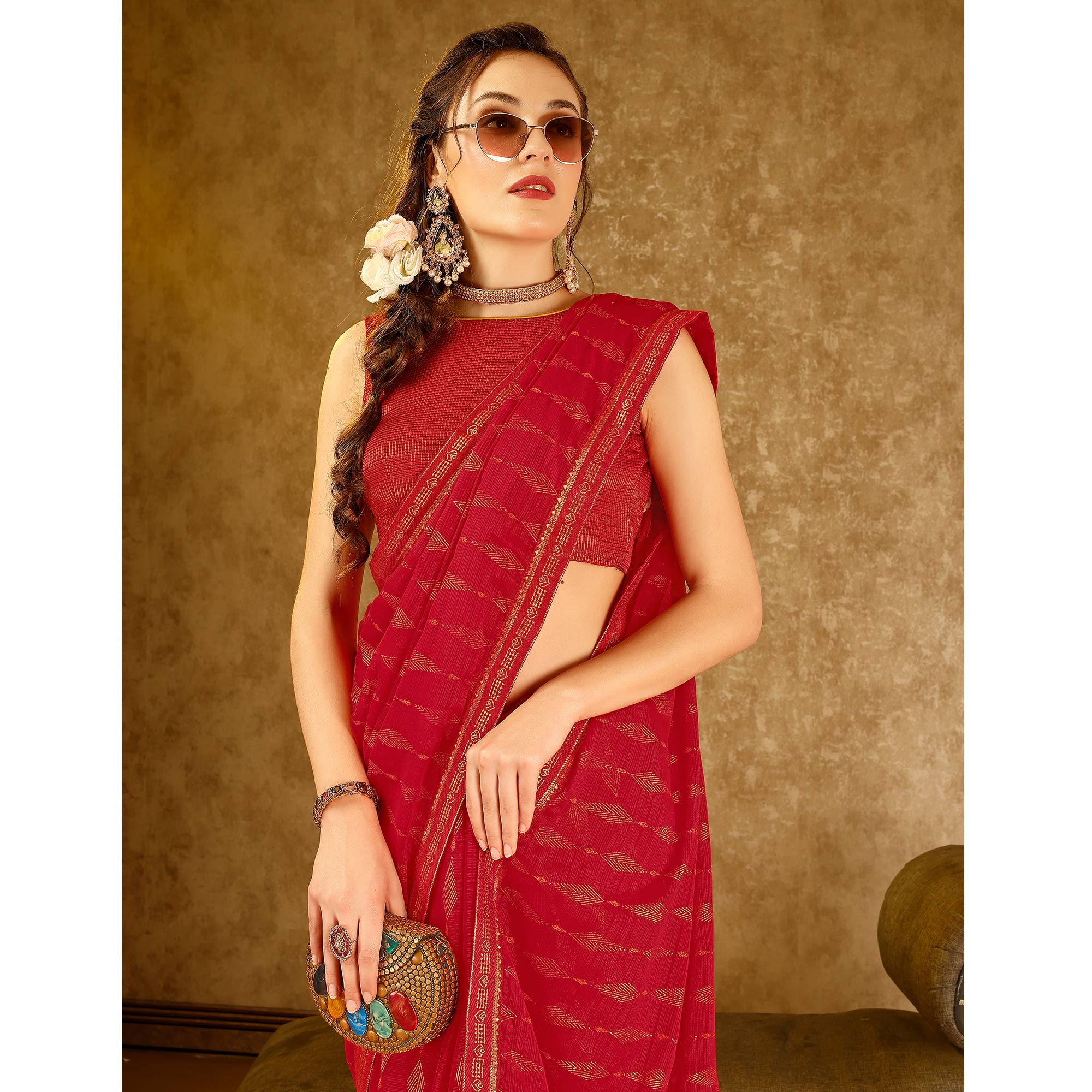 Red Foil Printed Chiffon Saree With Lace Border