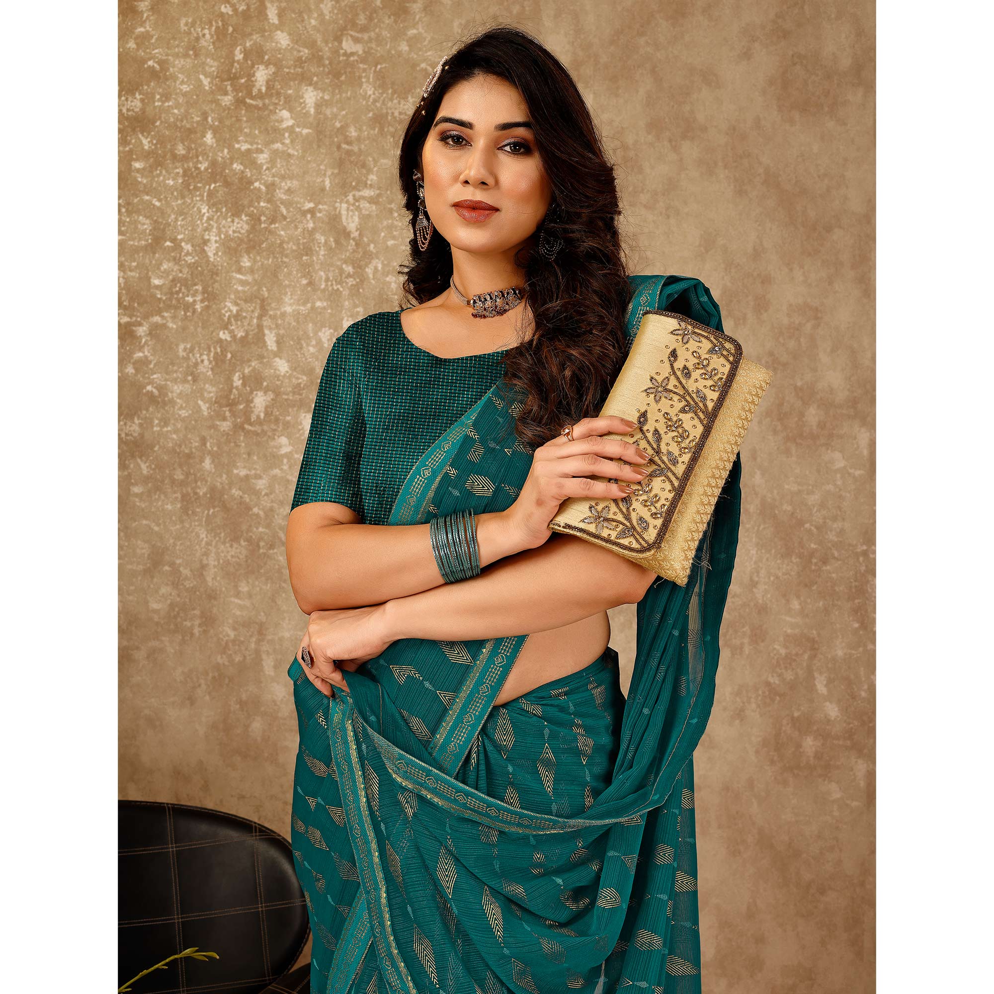 Teal Foil Printed Chiffon Saree With Lace Border