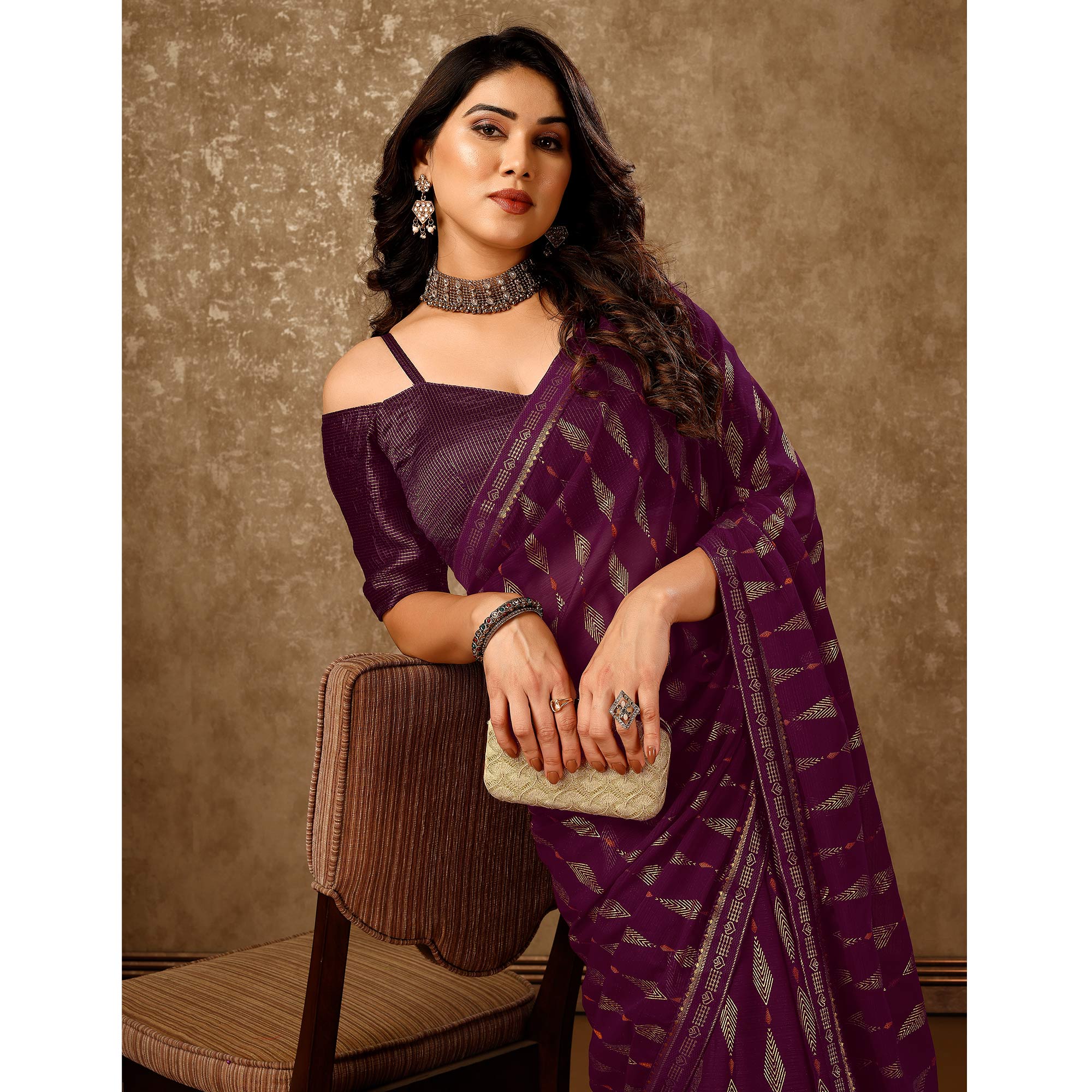 Purple Foil Printed Chiffon Saree With Lace Border