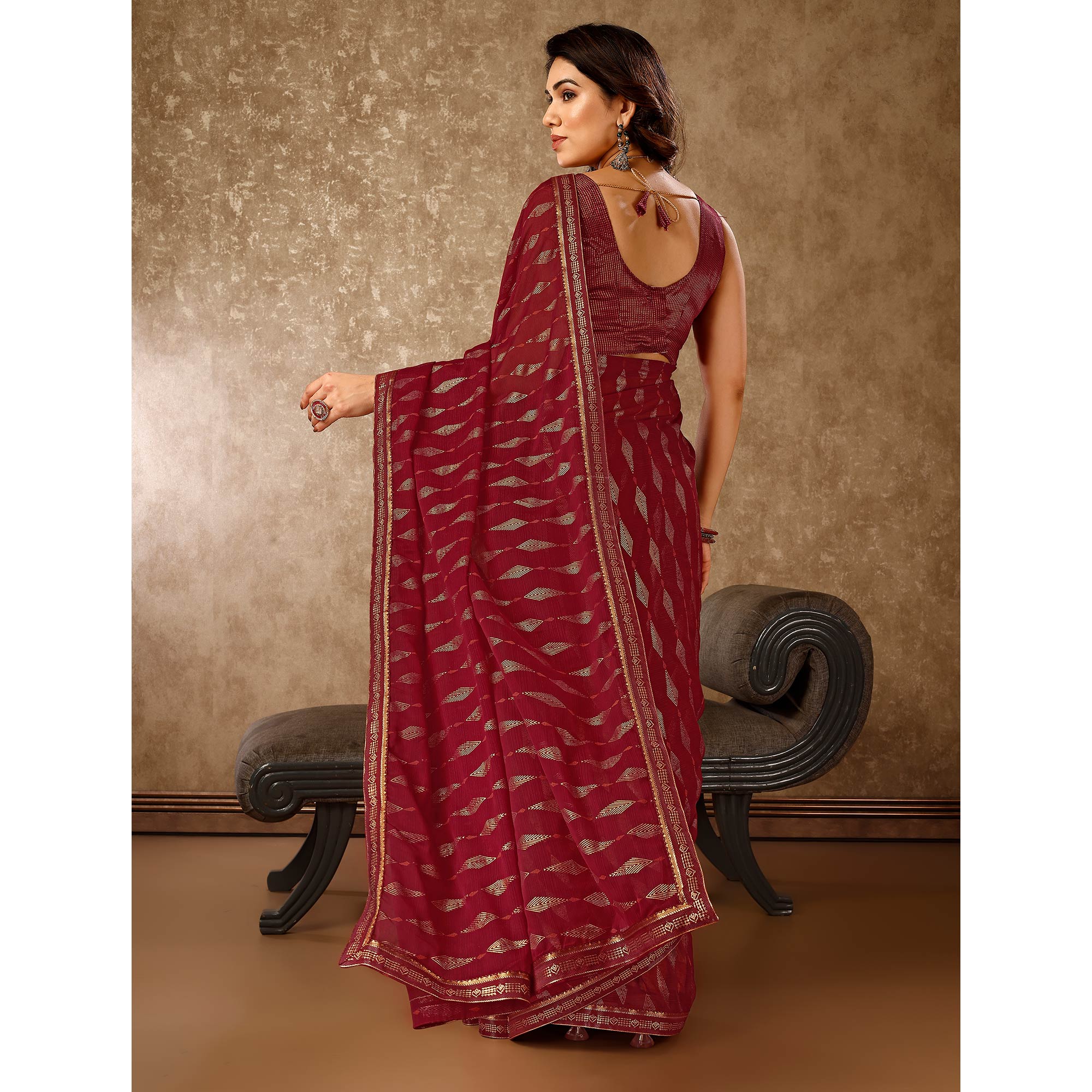 Maroon Foil Printed Chiffon Saree With Lace Border