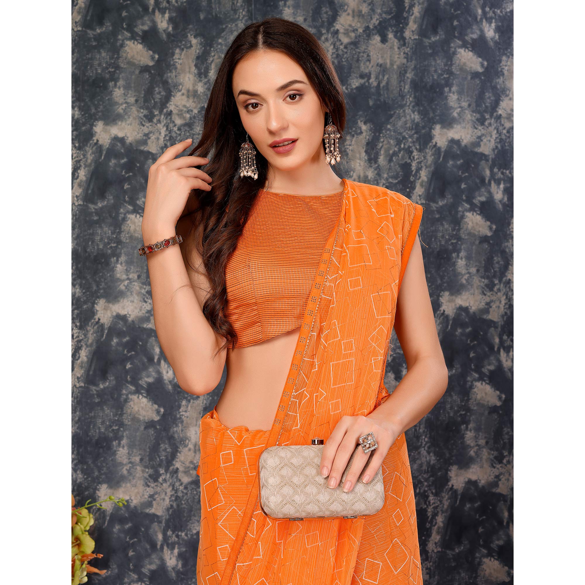 Orange Printed With Zari Work Chiffon Saree With Lace Border