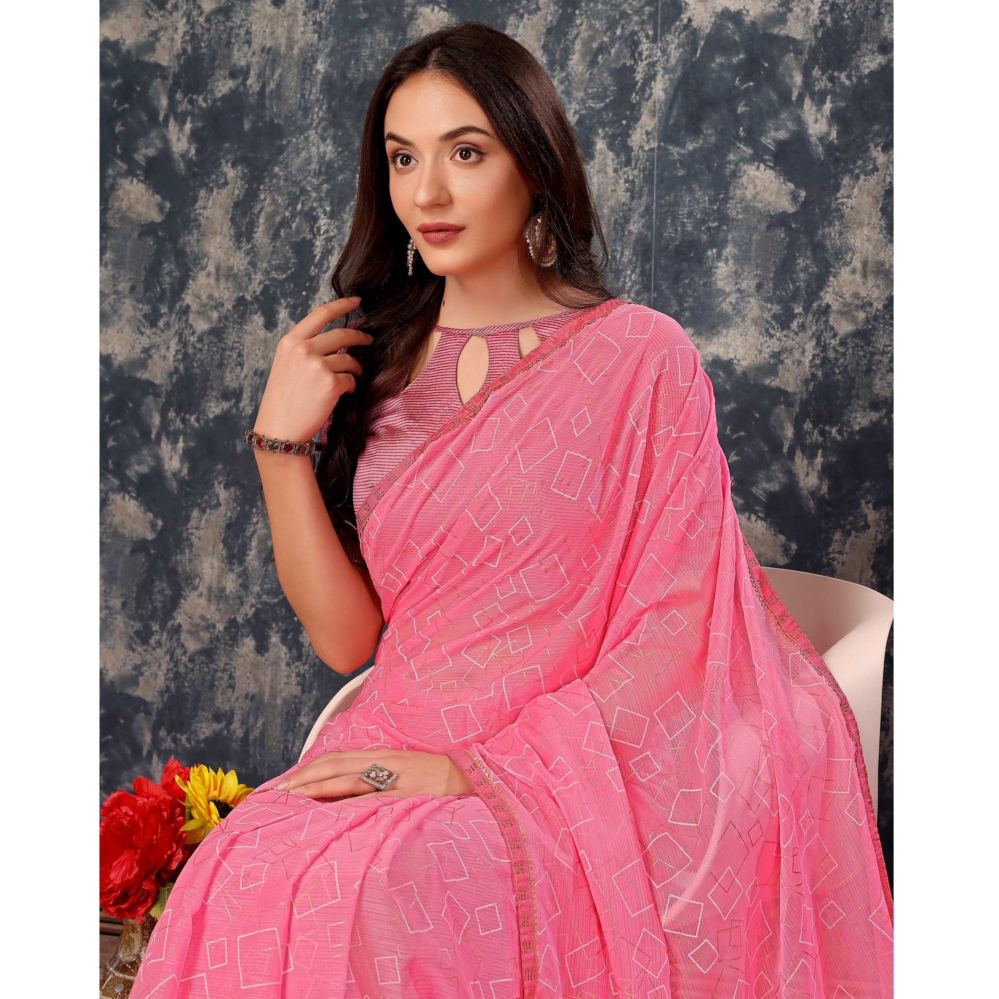 Pink Printed With Zari Work Chiffon Saree With Lace Border