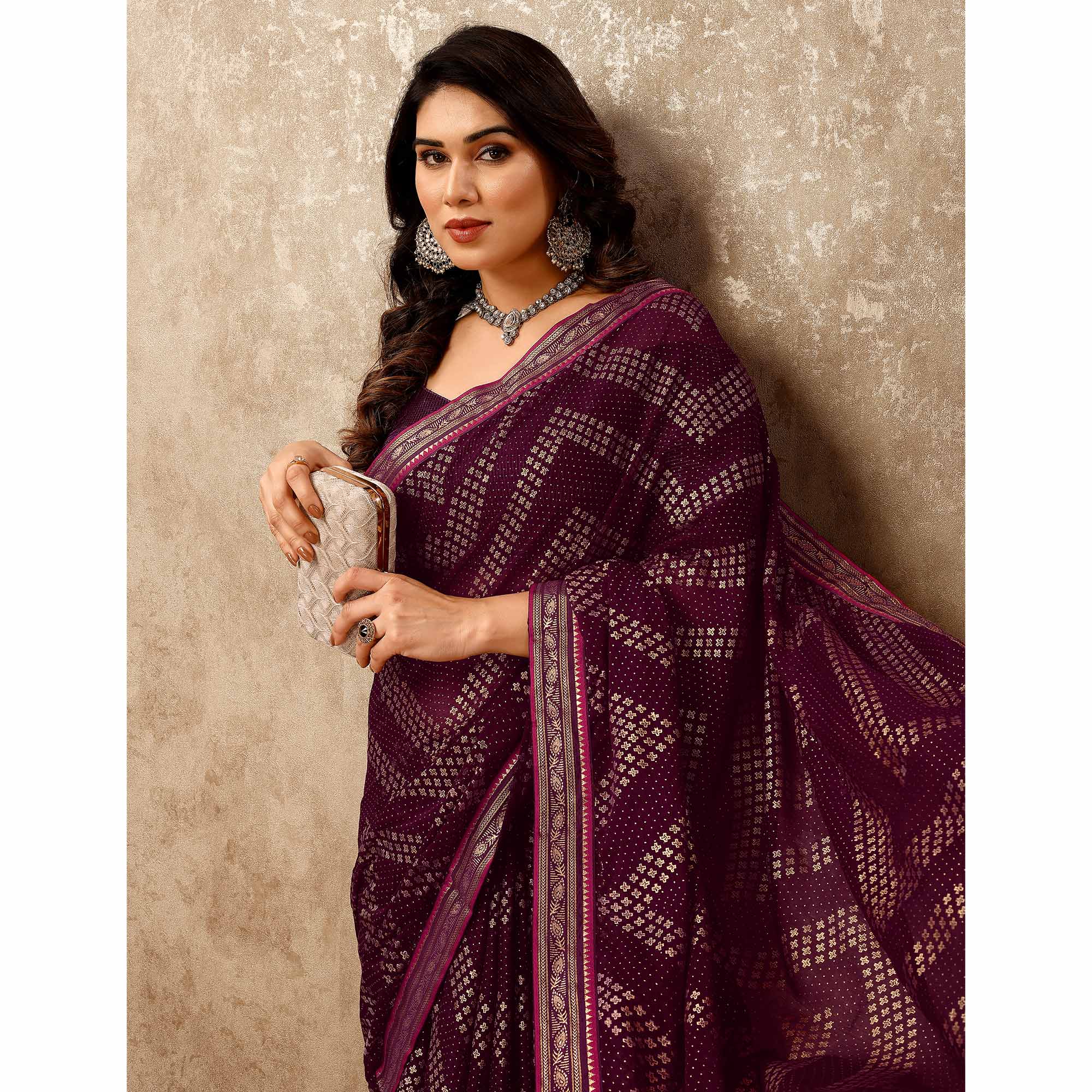 Purple Foil Printed Chiffon Saree With Lace Border