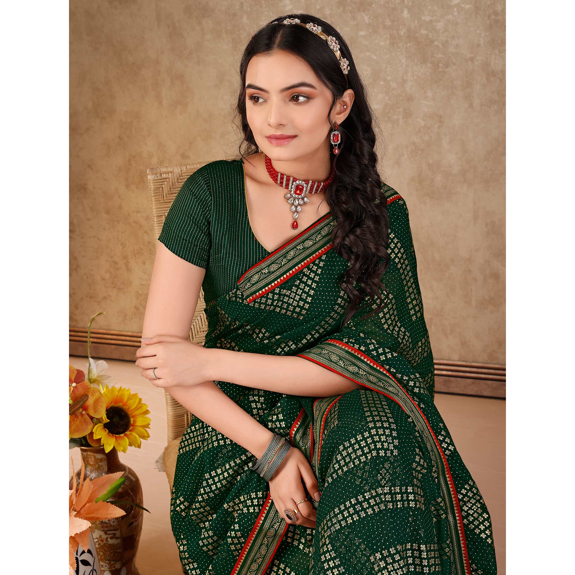 Green Foil Printed Chiffon Saree With Lace Border