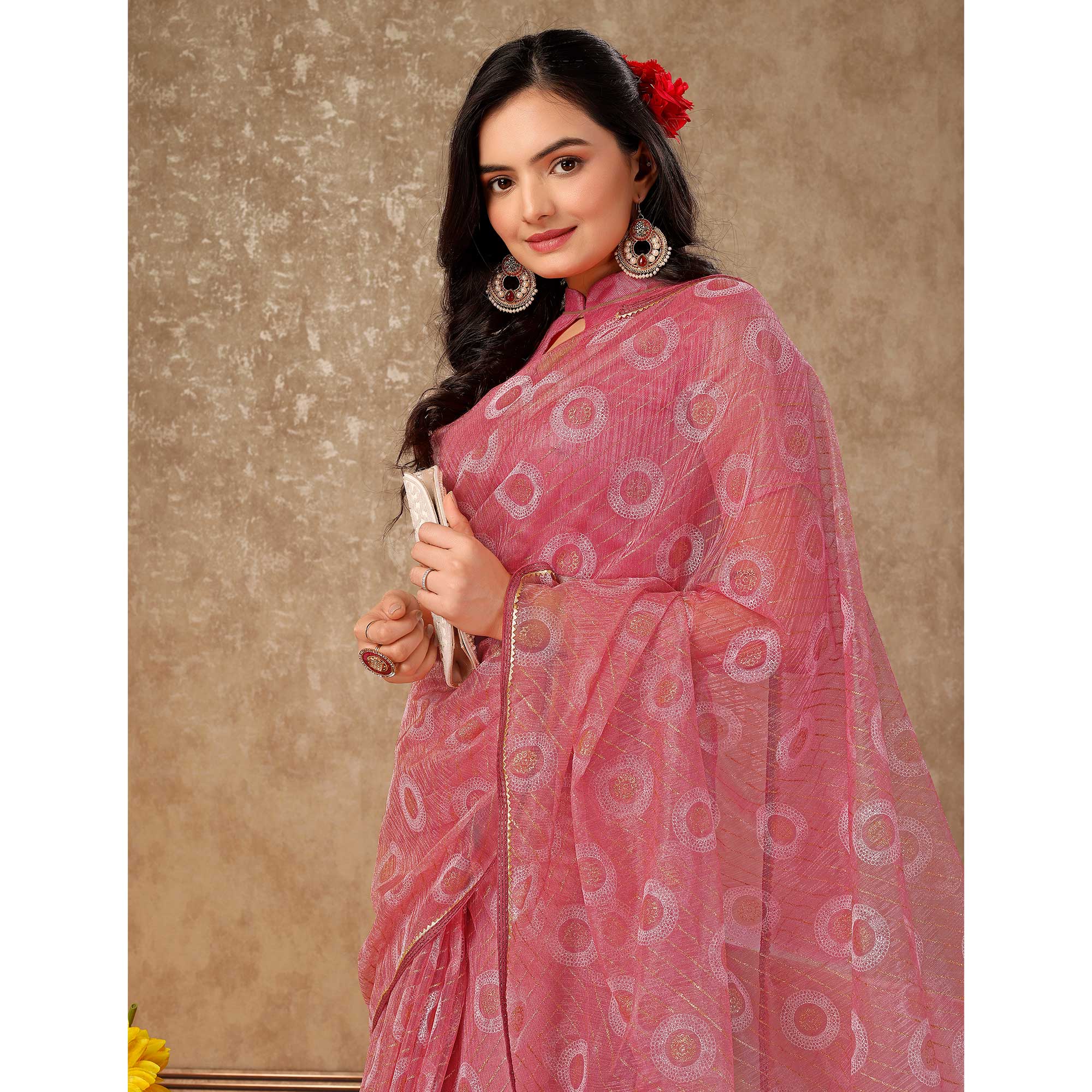 Pink Printed With Zari Work Cotton Silk Saree With Lace Border