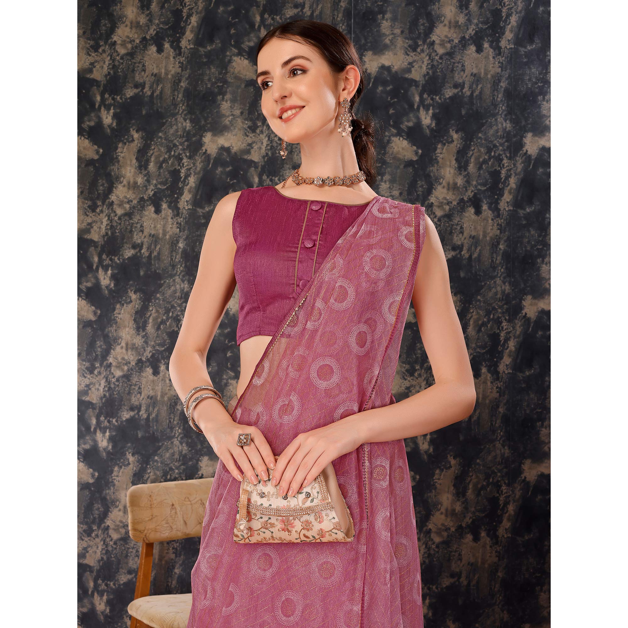 Purple Printed With Zari Work Cotton Silk Saree With Lace Border