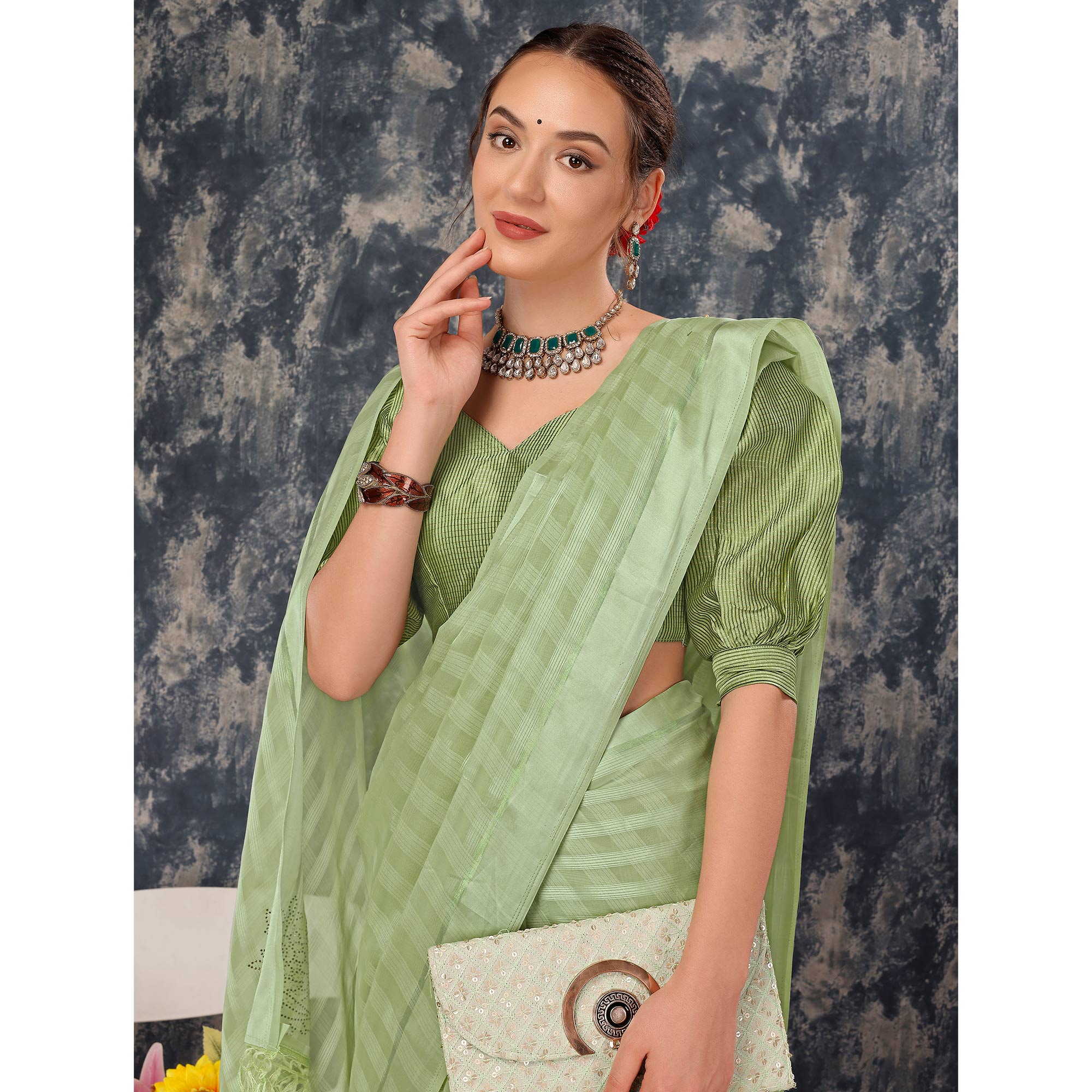 Green Swarovski Work Chiffon Saree With Tassels