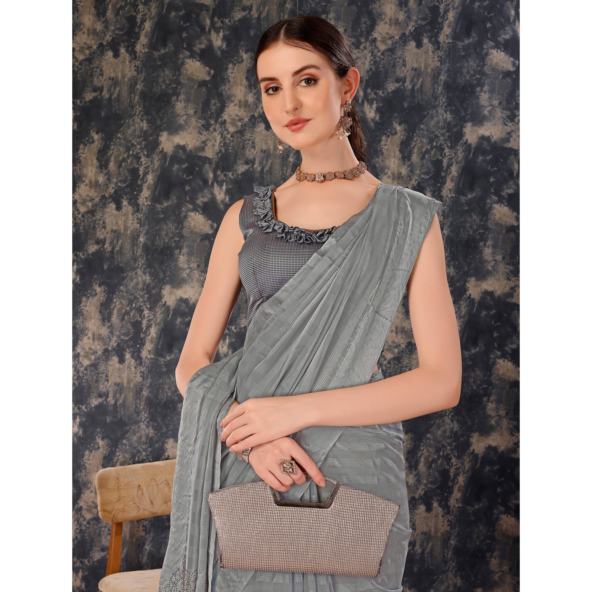 Grey Swarovski Work Chiffon Saree With Tassels