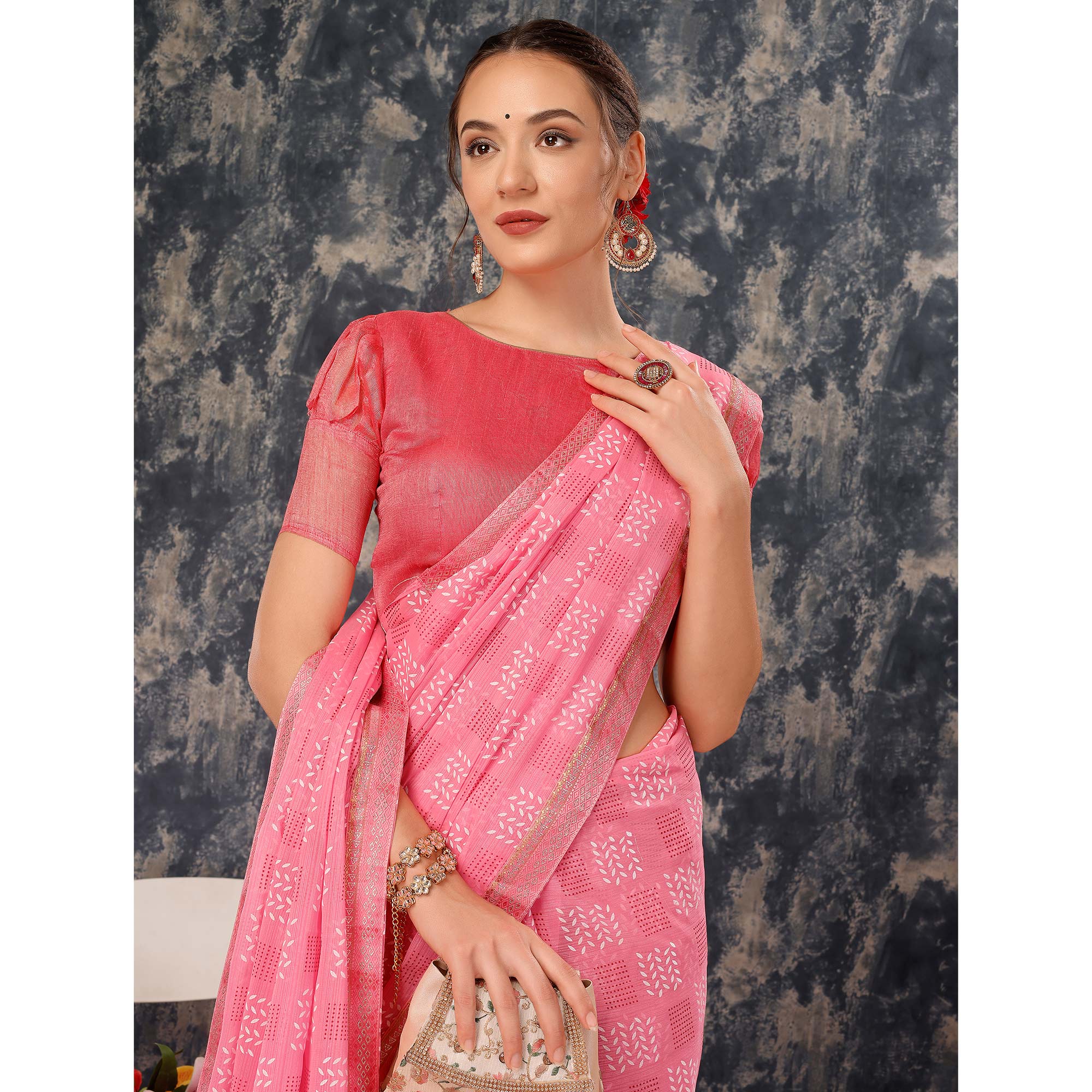 Pink Printed Chiffon Saree With Lace Border