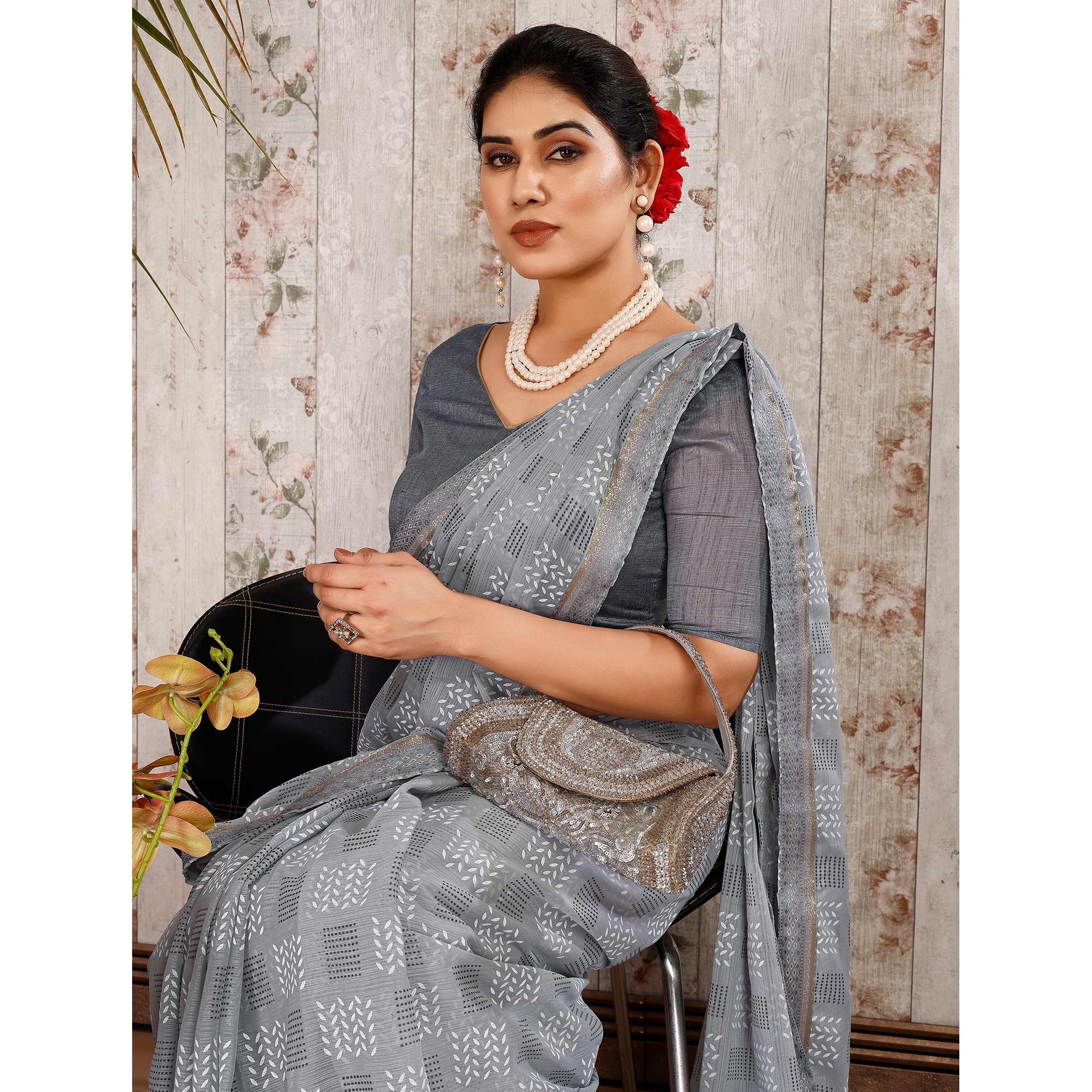 Grey Printed Chiffon Saree With Lace Border