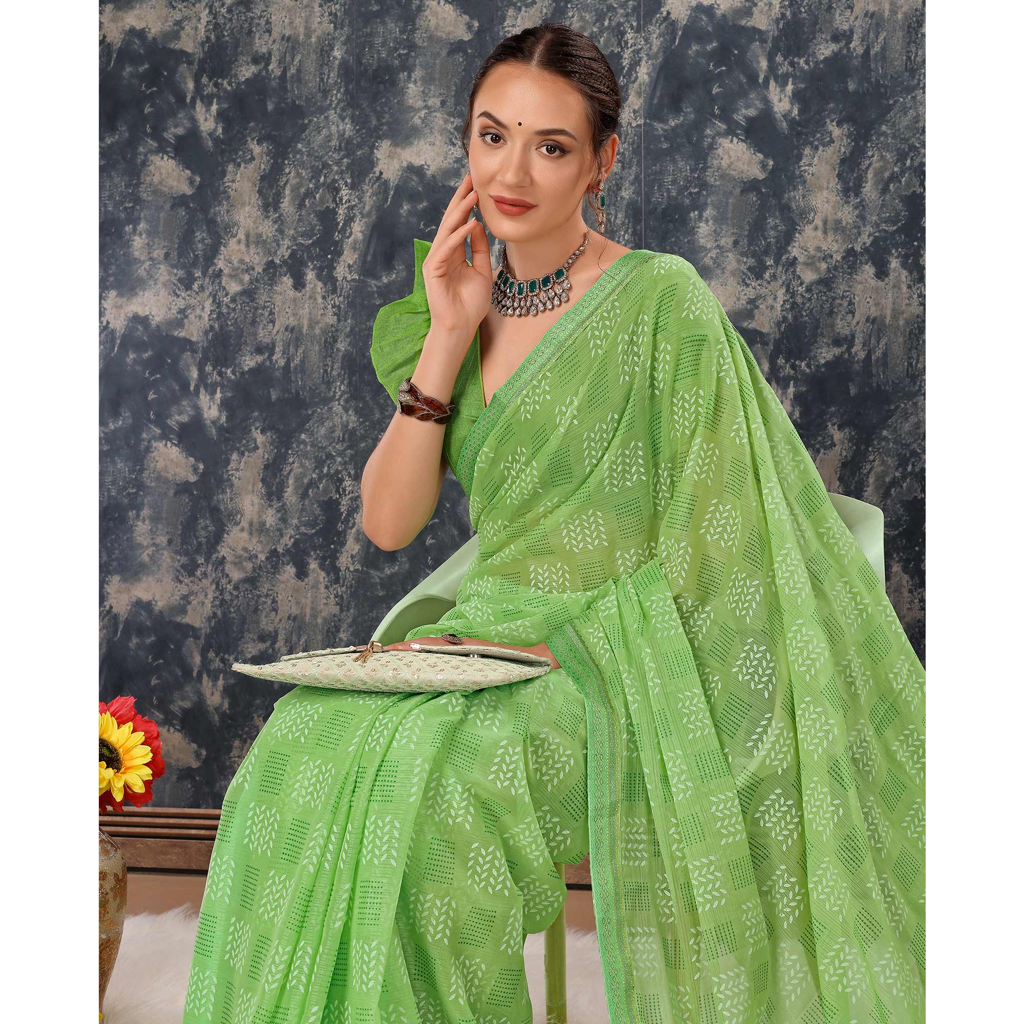 Green Printed Chiffon Saree With Lace Border