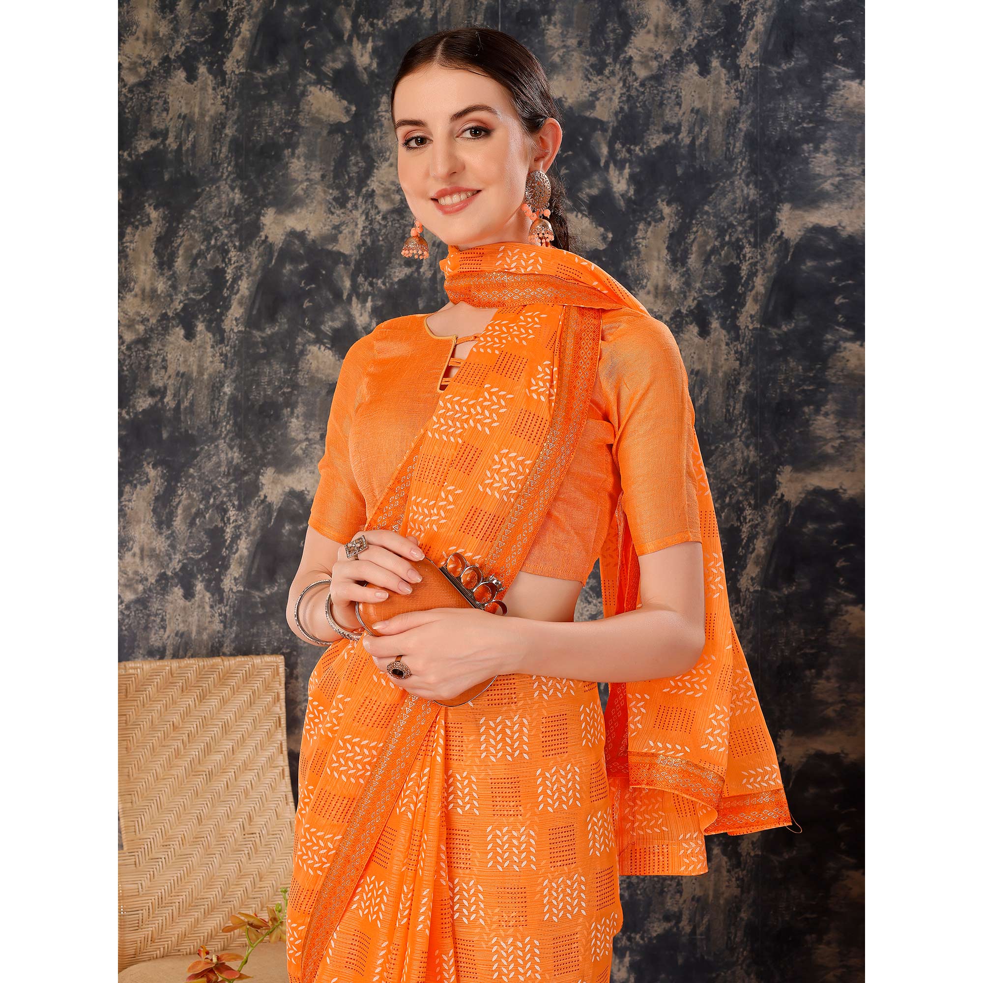 Orange Printed Chiffon Saree With Lace Border