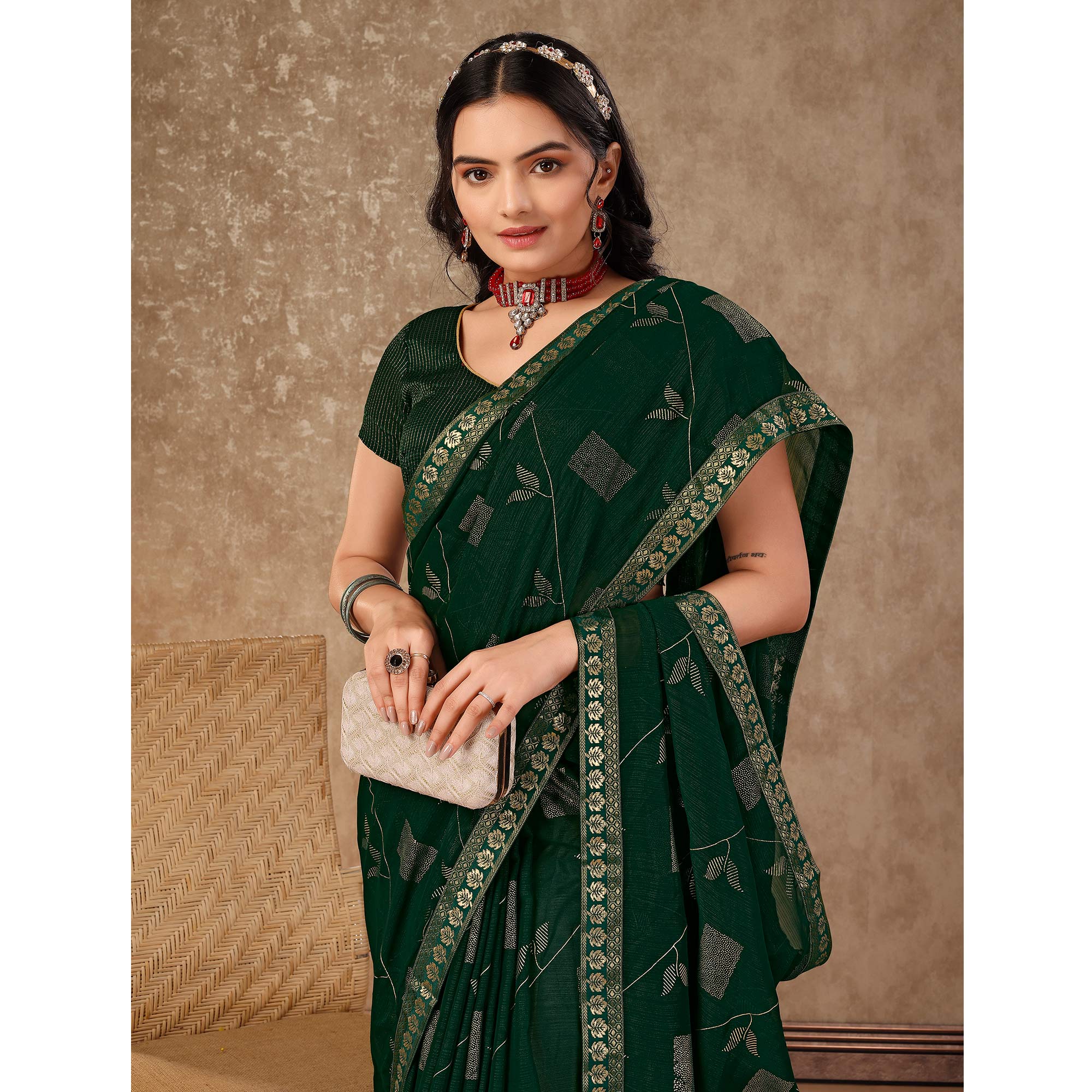 Green Floral Foil Printed Chiffon Saree With Lace Border