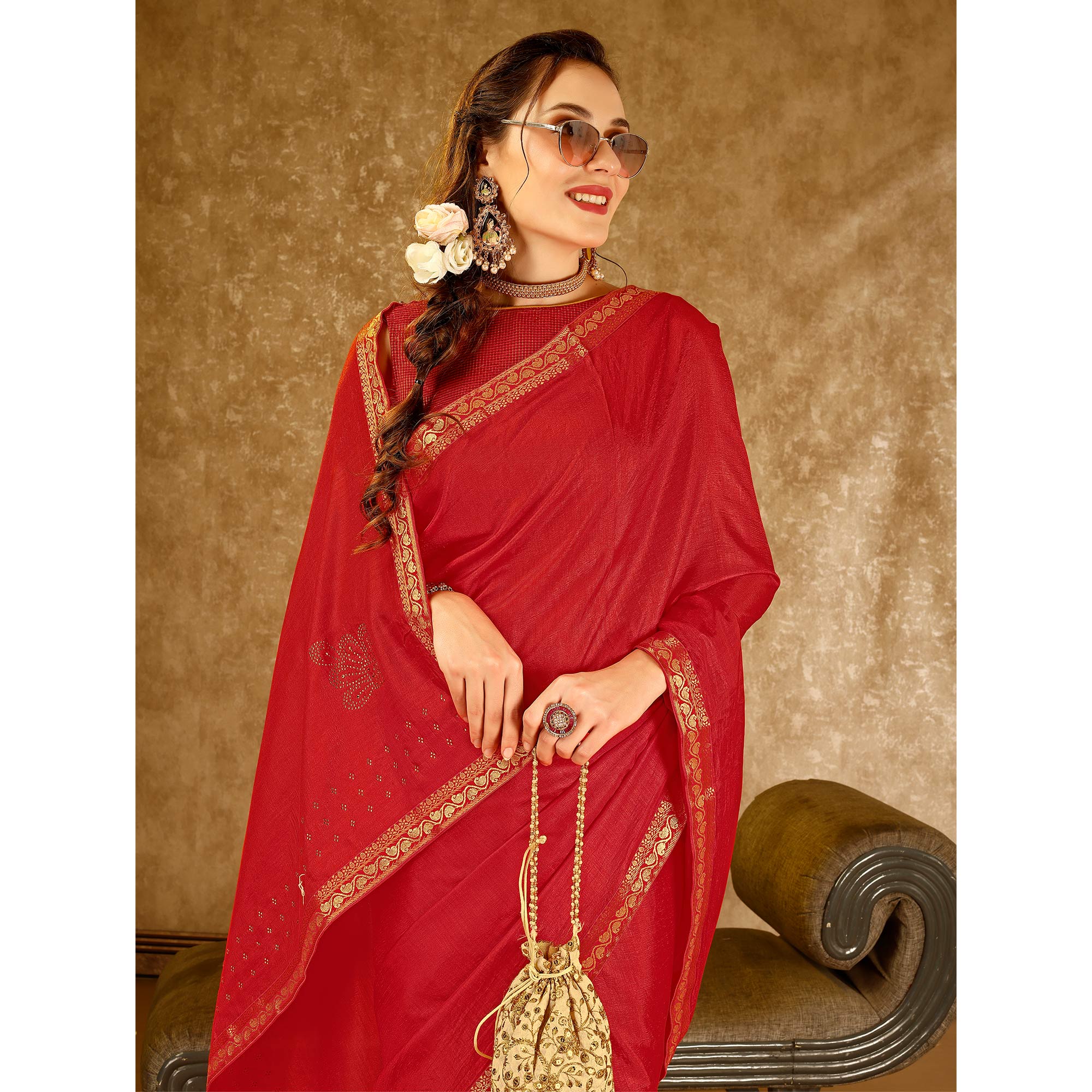 Red Swarovski Work Vichitra Silk Saree With Lace Border