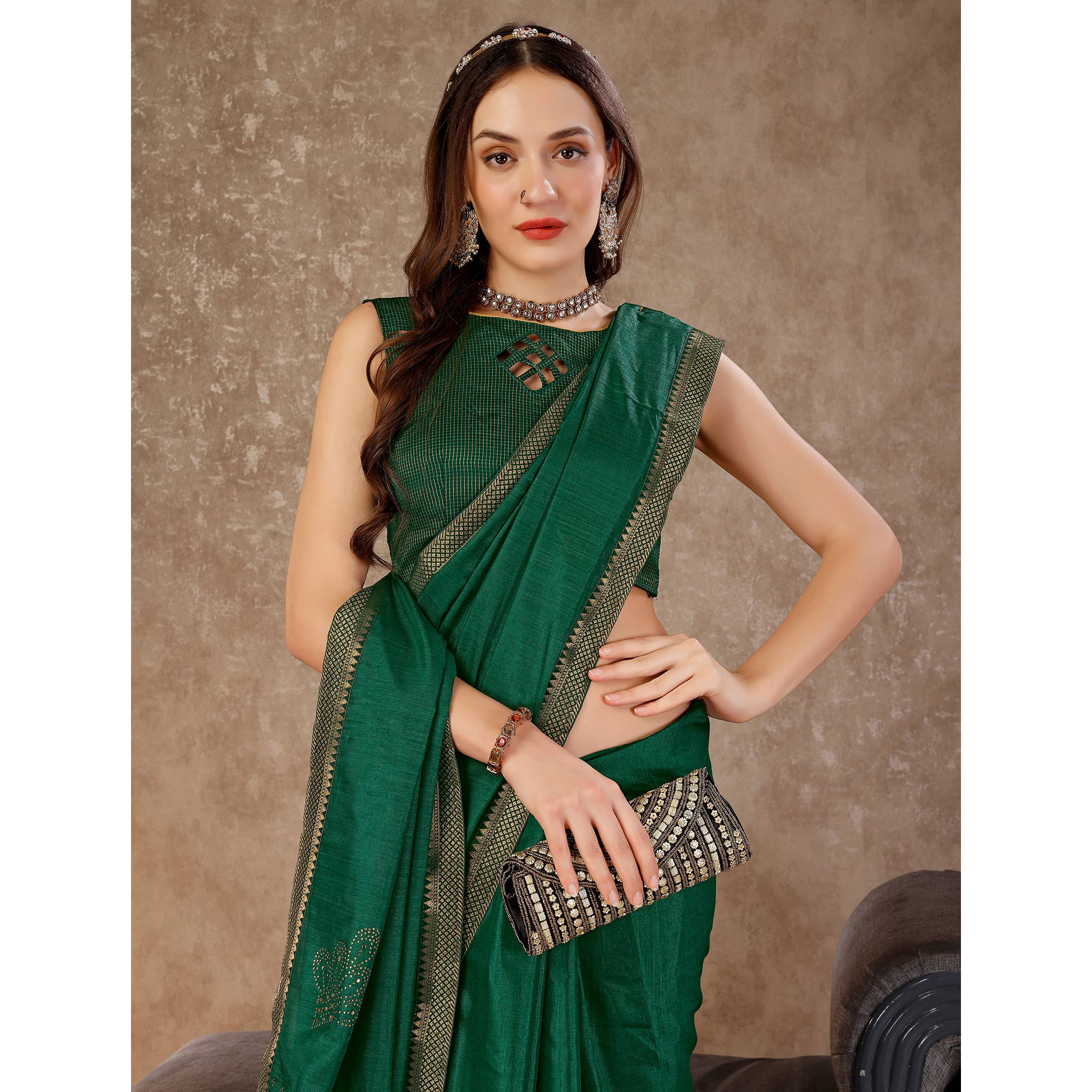 Green Swarovski Work Vichitra Silk Saree With Lace Border