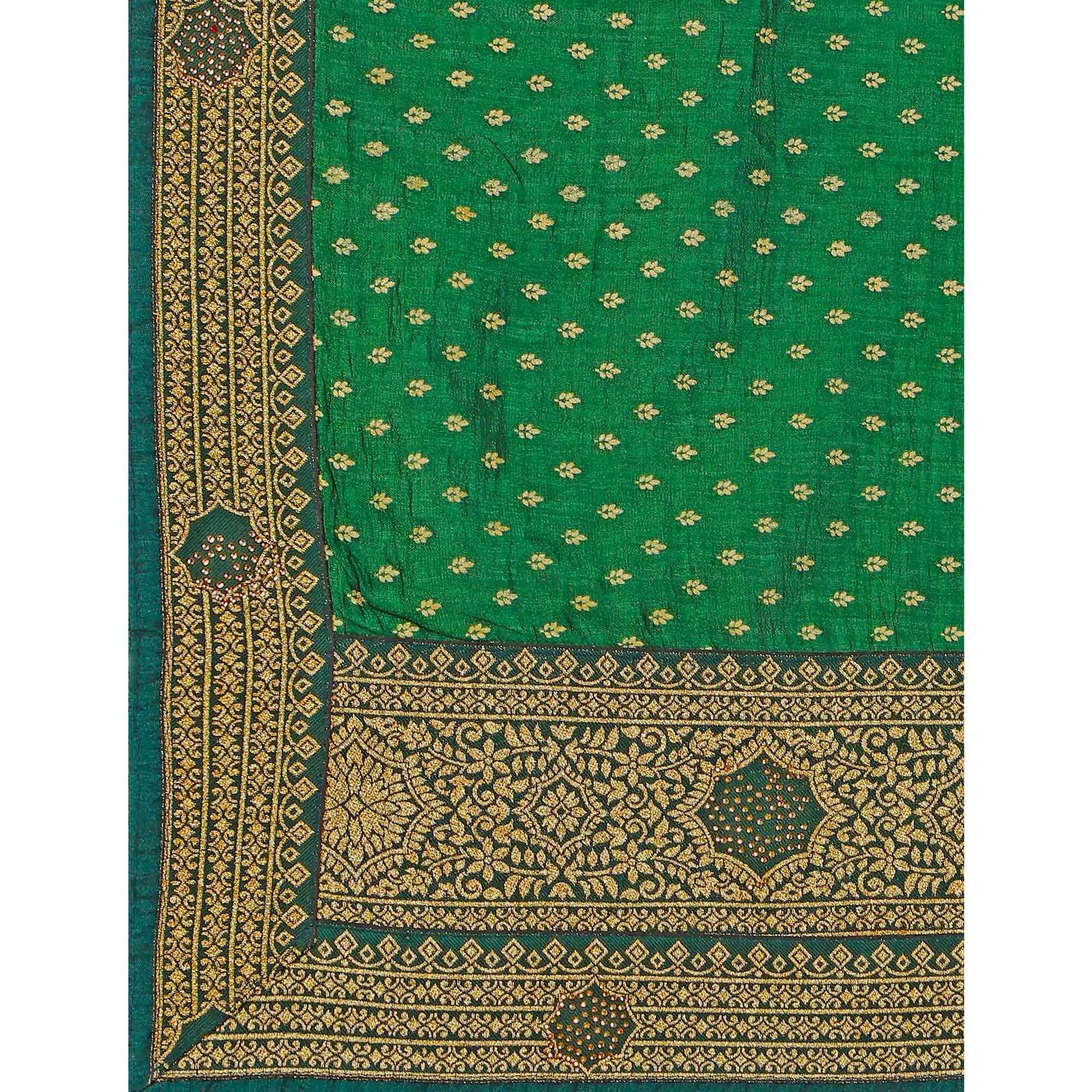 Green Foil Printed With Swarovski Vichitra Silk Saree