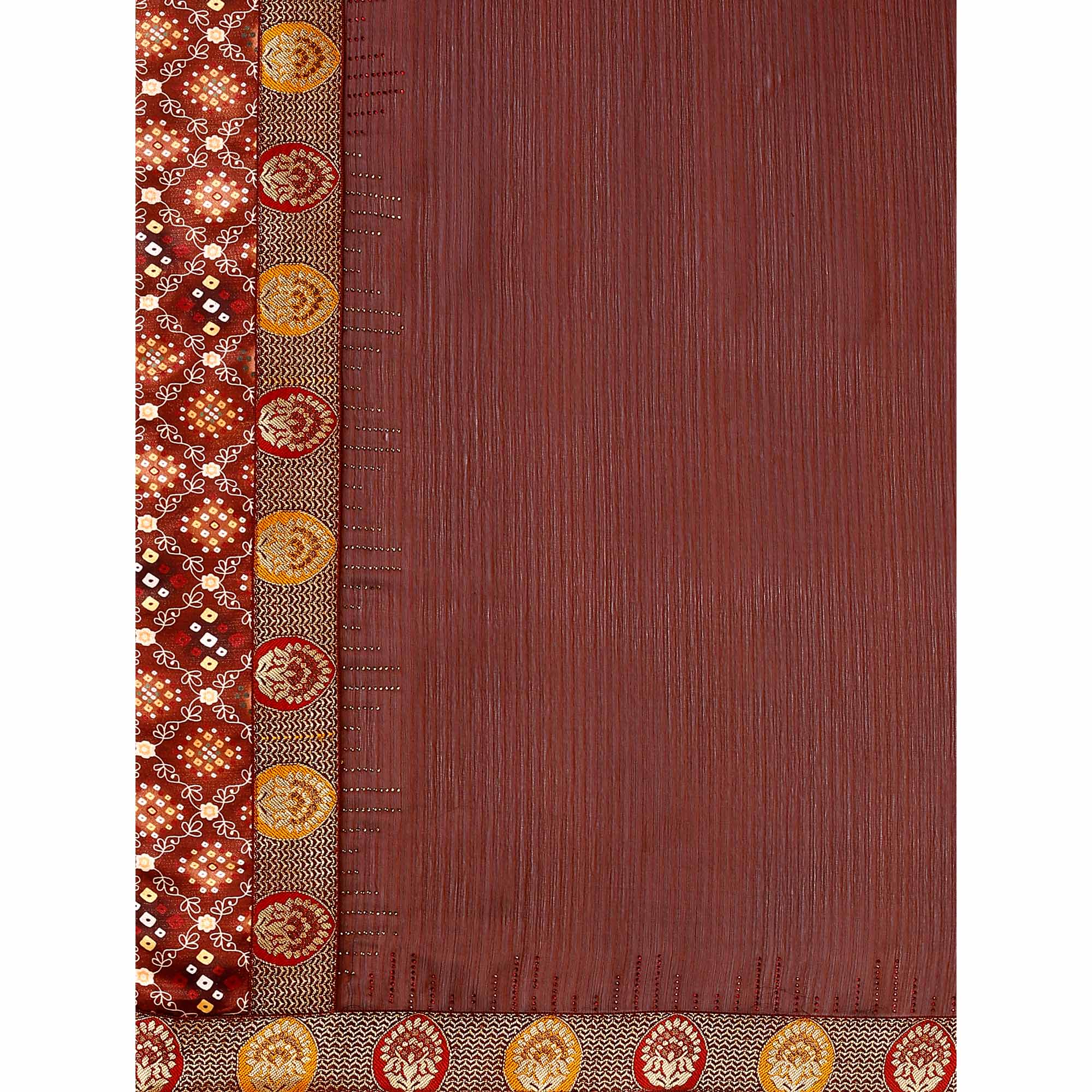 Rust Swarovski With Bandhani Printed Border Art Silk Saree