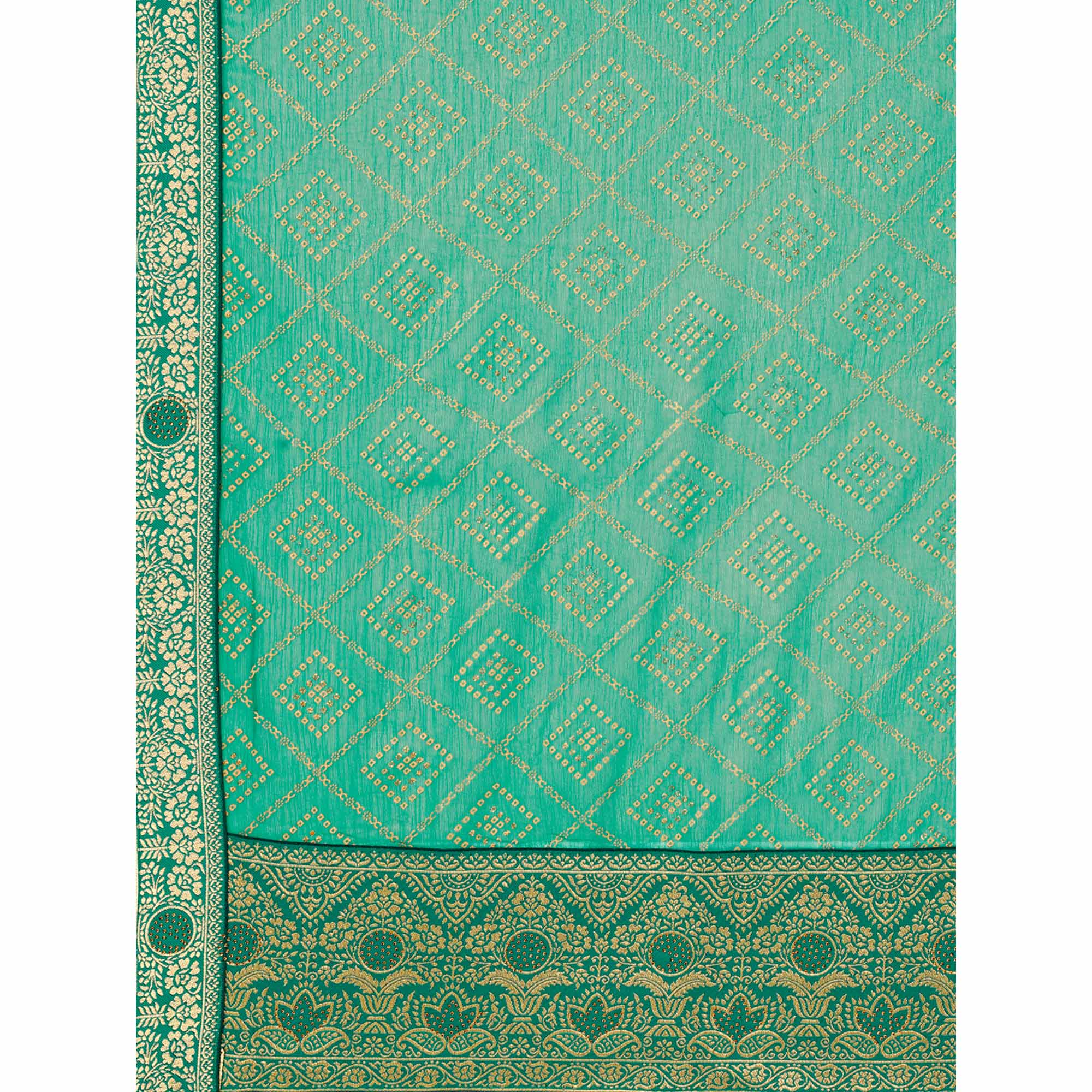 Green Bandhani Foil Printed Chiffon Saree With Tassels