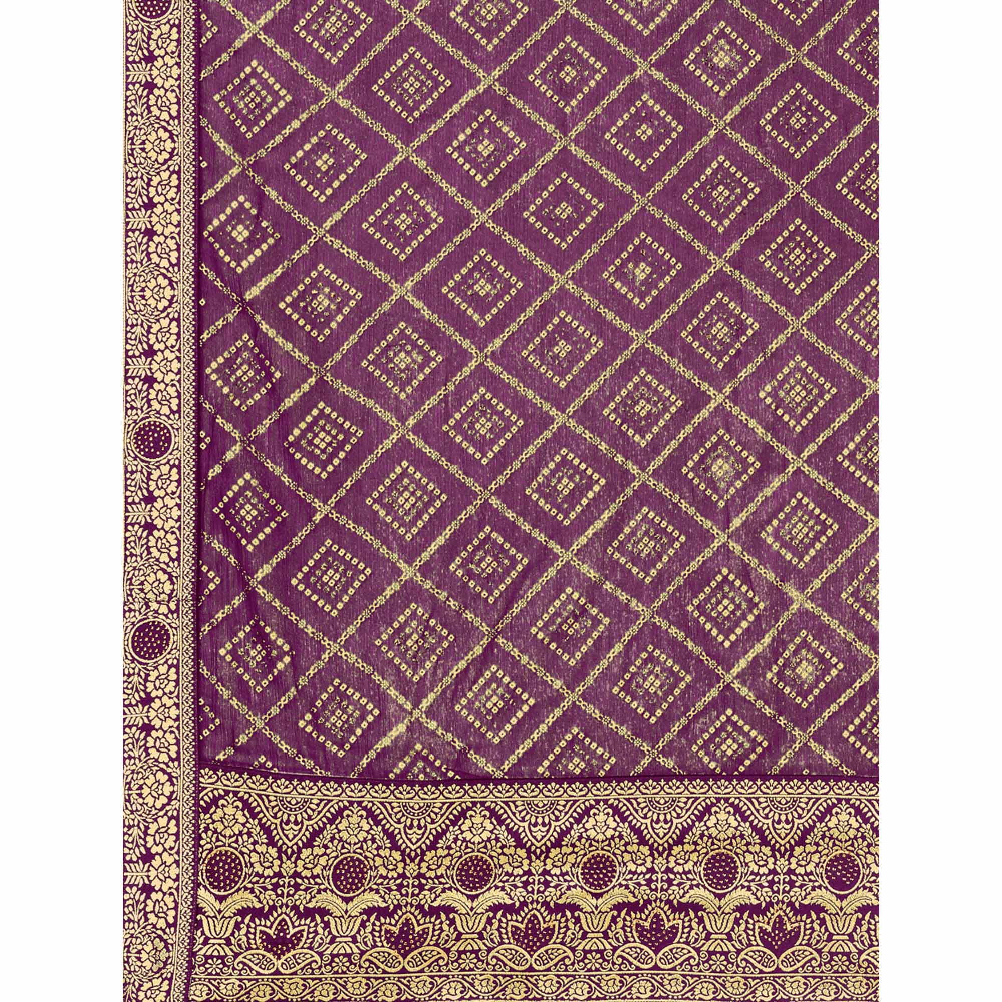 Purple Bandhani Foil Printed Chiffon Saree With Tassels