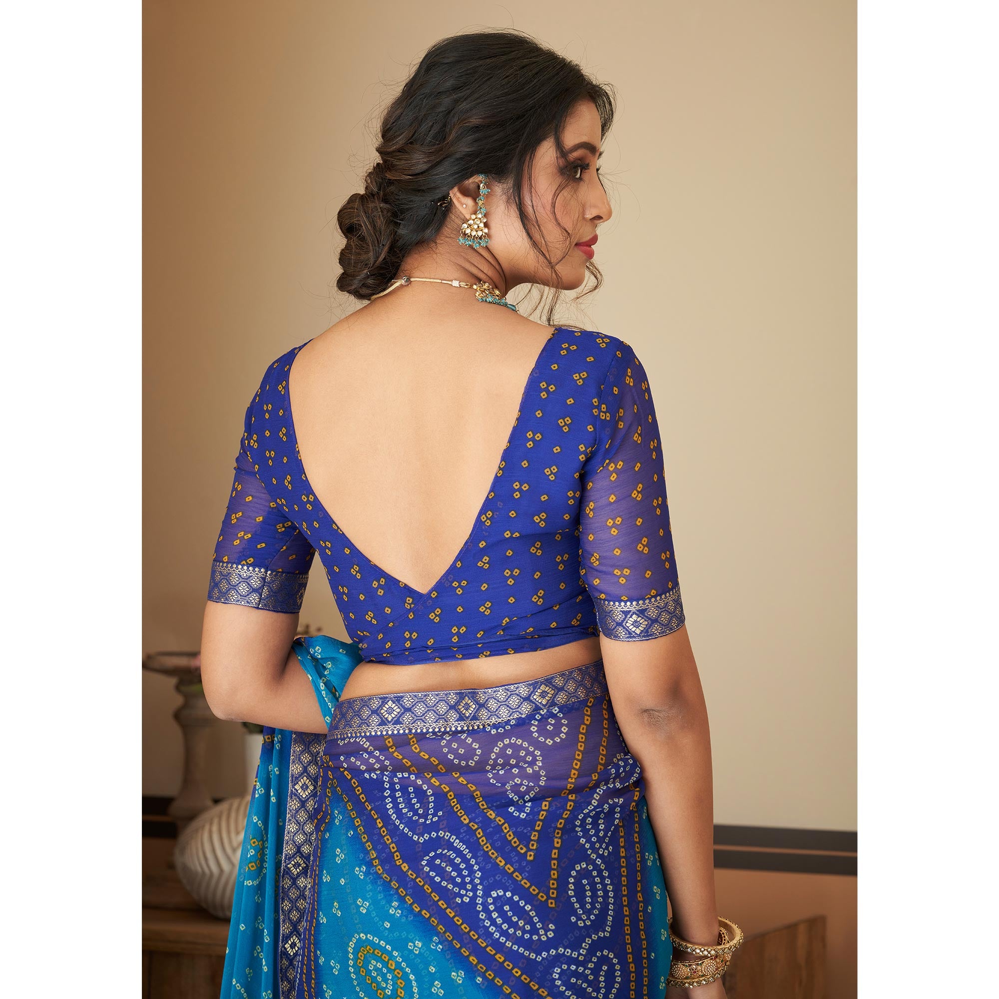 Blue Bandhani Printed Chiffon Saree With Lace Border